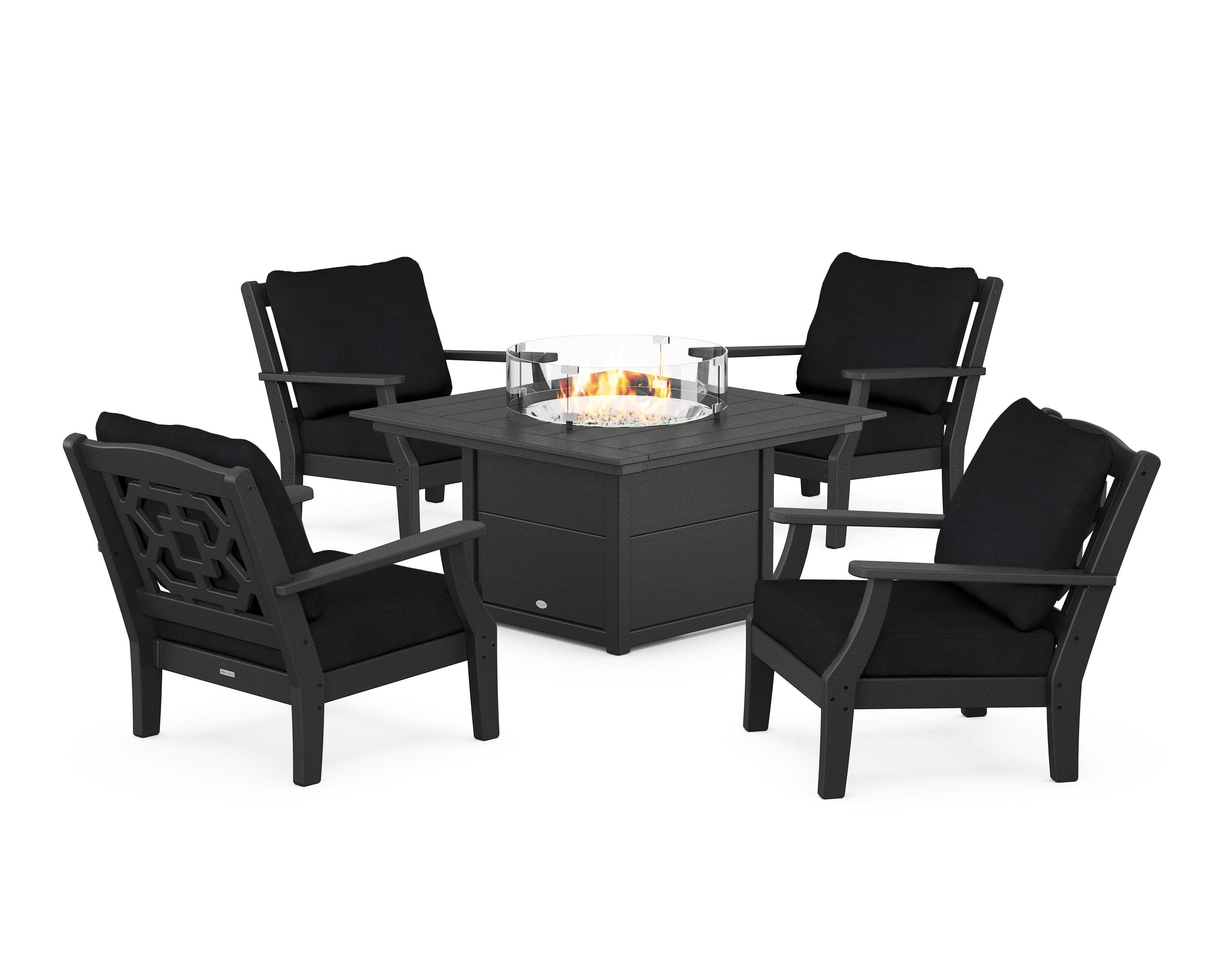 Chinoiserie 5-Piece Deep Seating Set with Fire Pit Table in Black / Midnight Linen