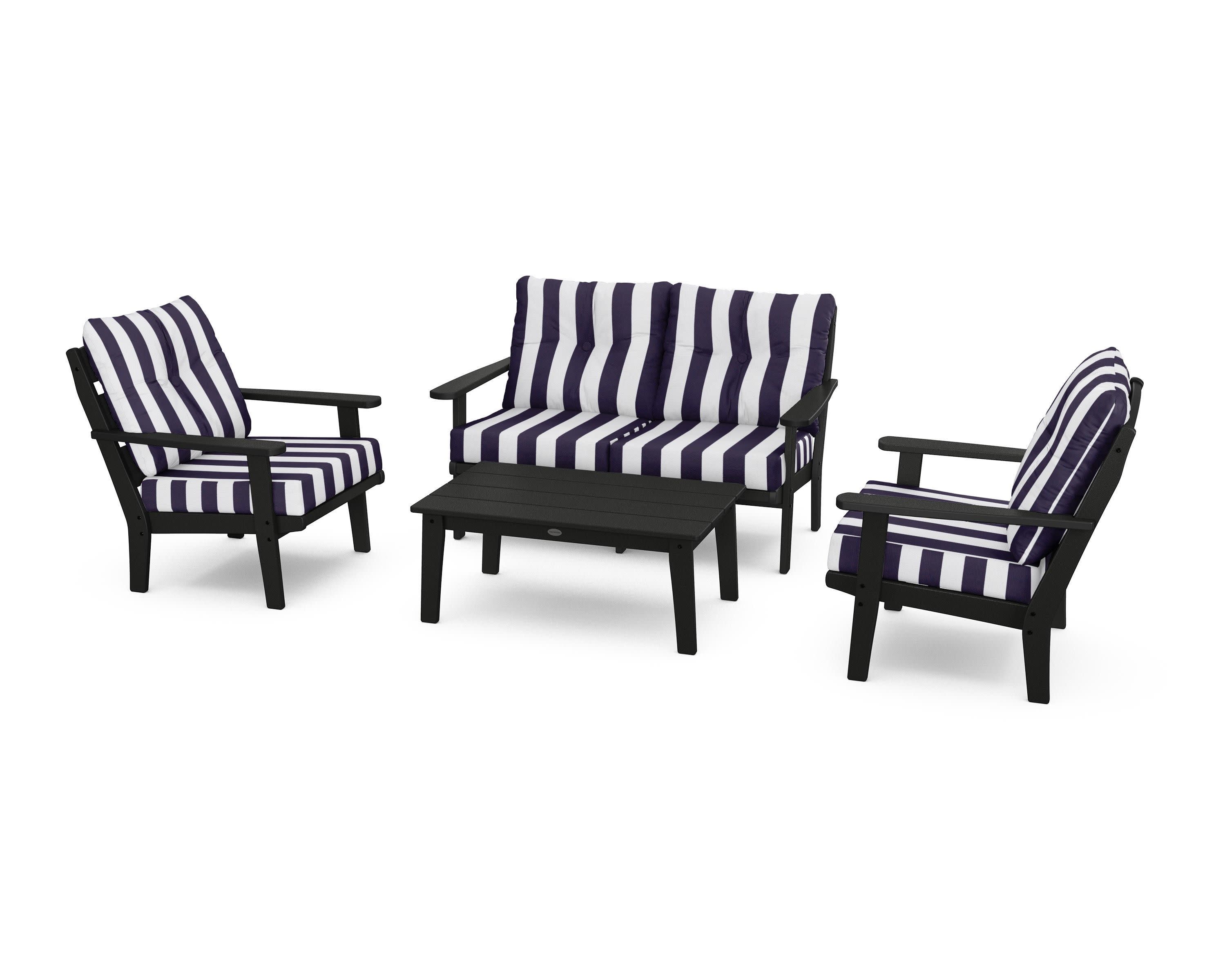 Lakeside 4-Piece Deep Seating Set in Black / Cabana Stripe Navy