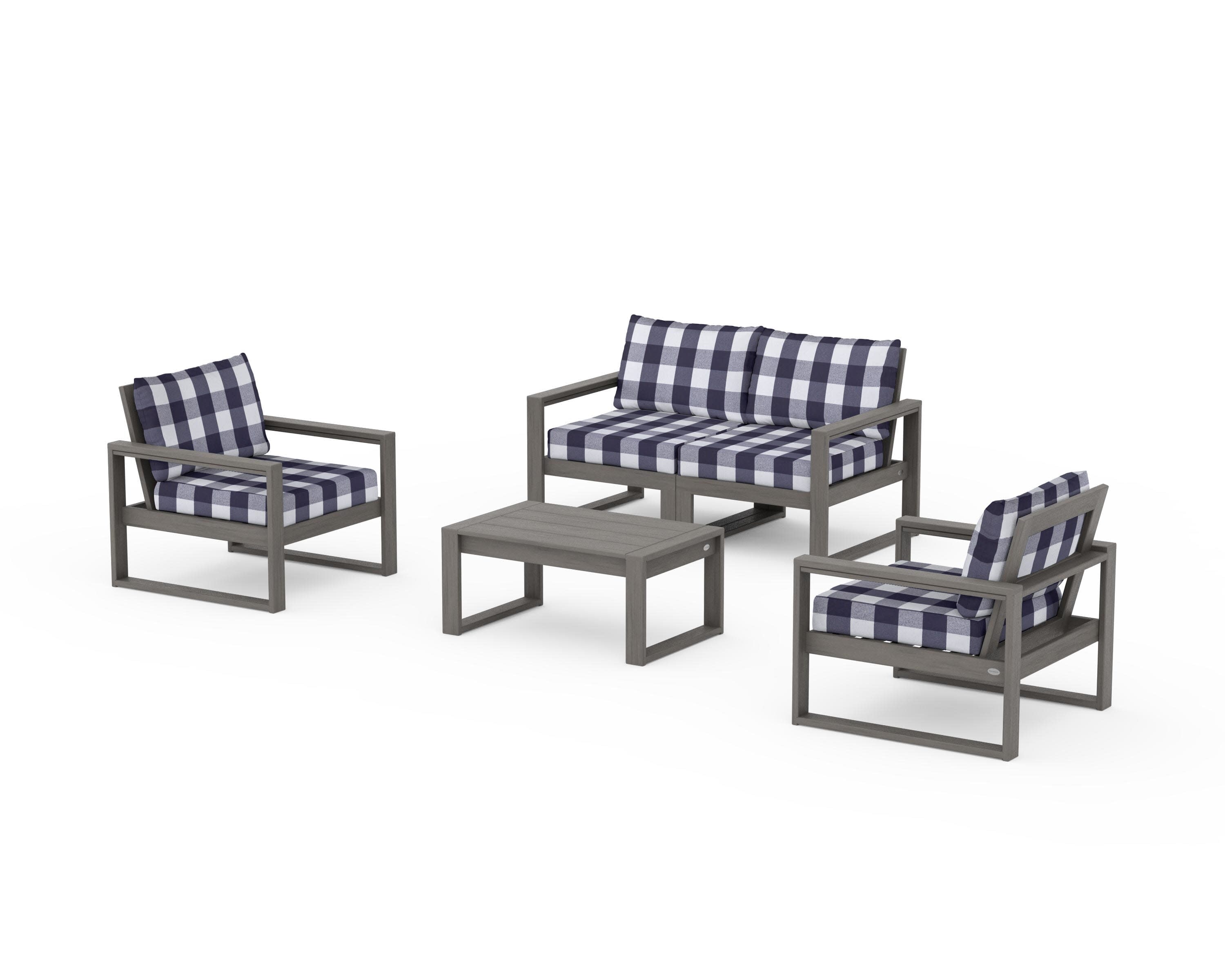 EDGE Sectional 4-Piece Deep Seating Set with Loveseat in Driftwood / Buffalo Plaid Navy