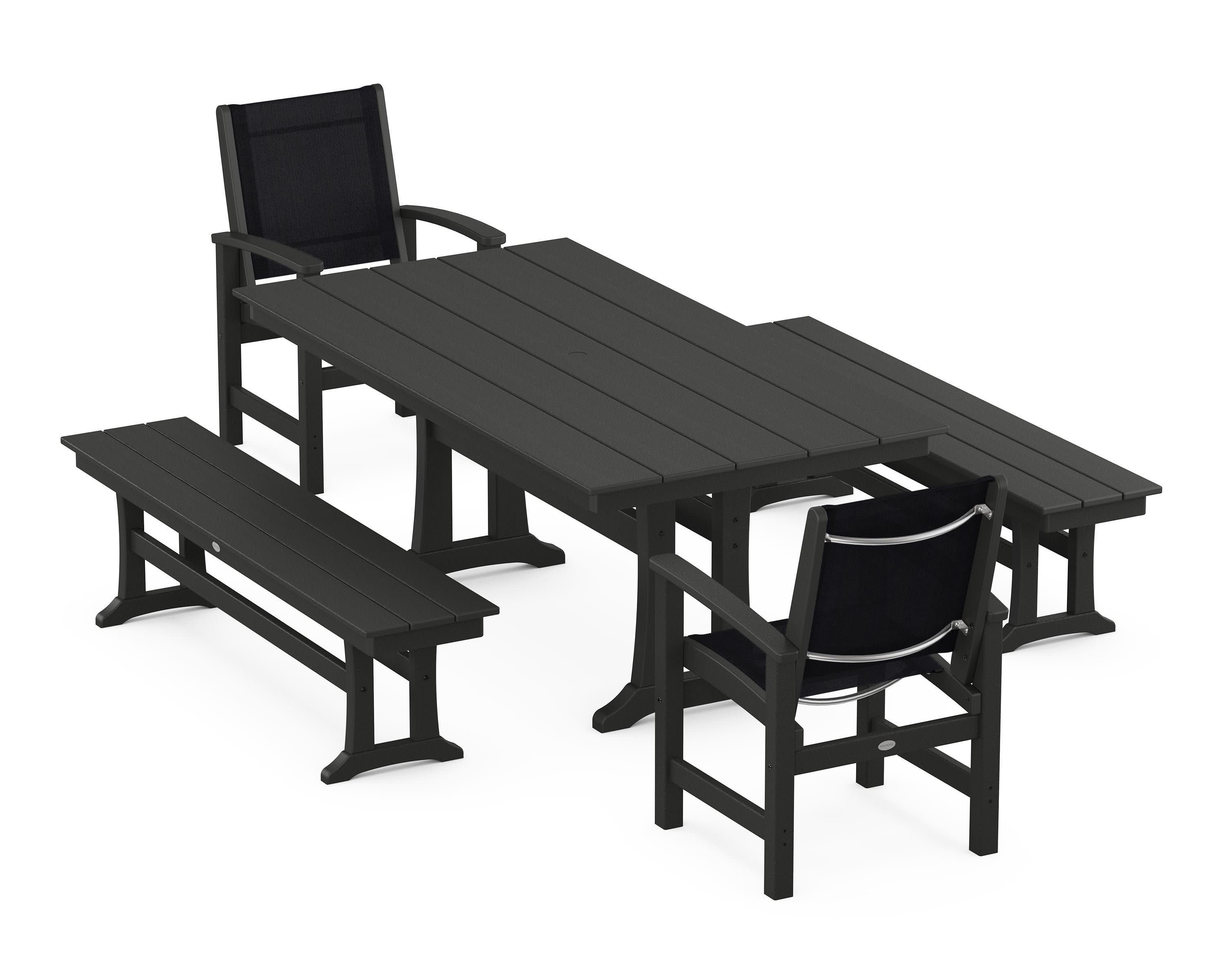 Coastal 5-Piece Farmhouse Dining Set with Trestle Legs and Benches in Black / Black Sling