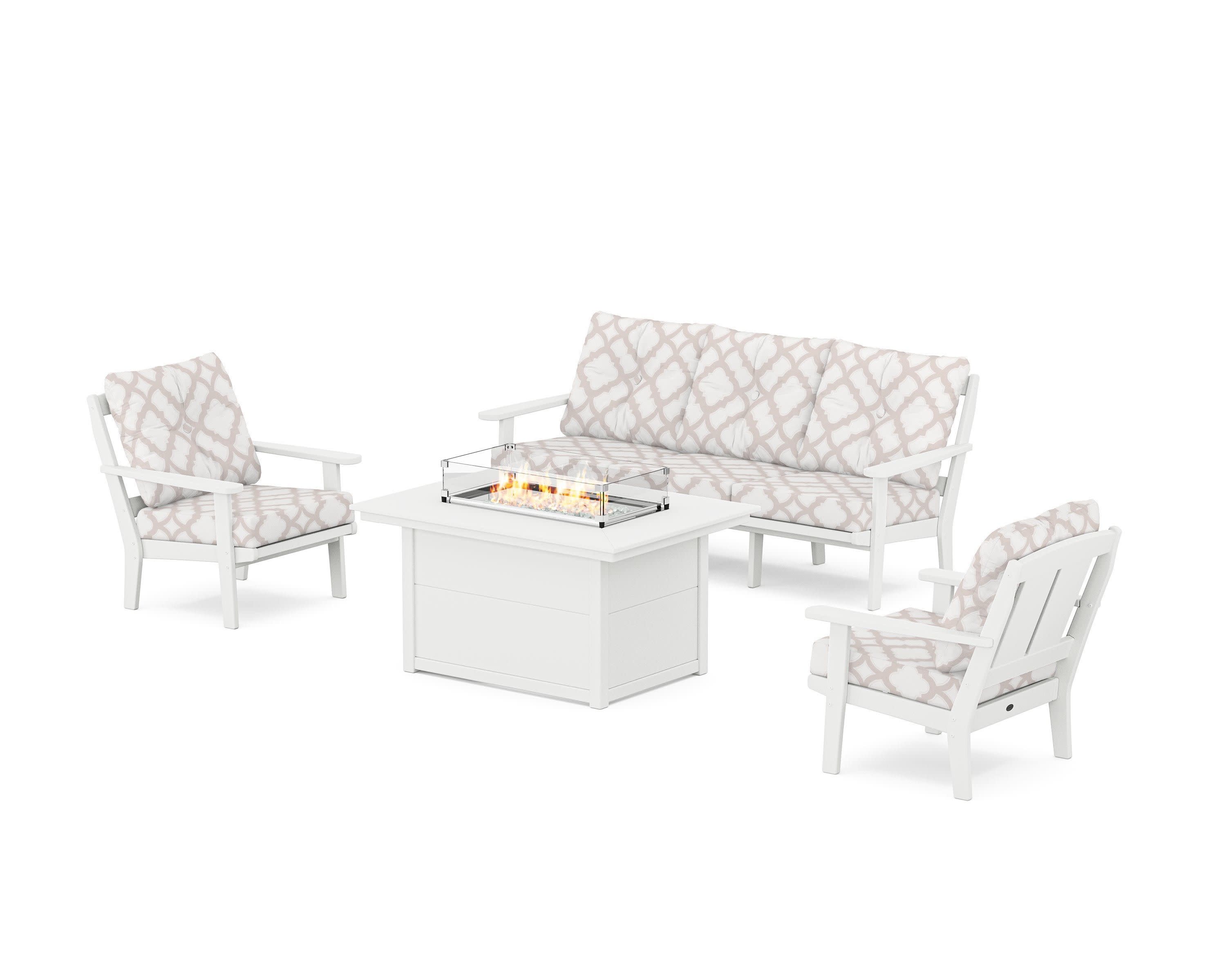 Mission Deep Seating Fire Pit Table Set in White / Trellis Dune Burlap