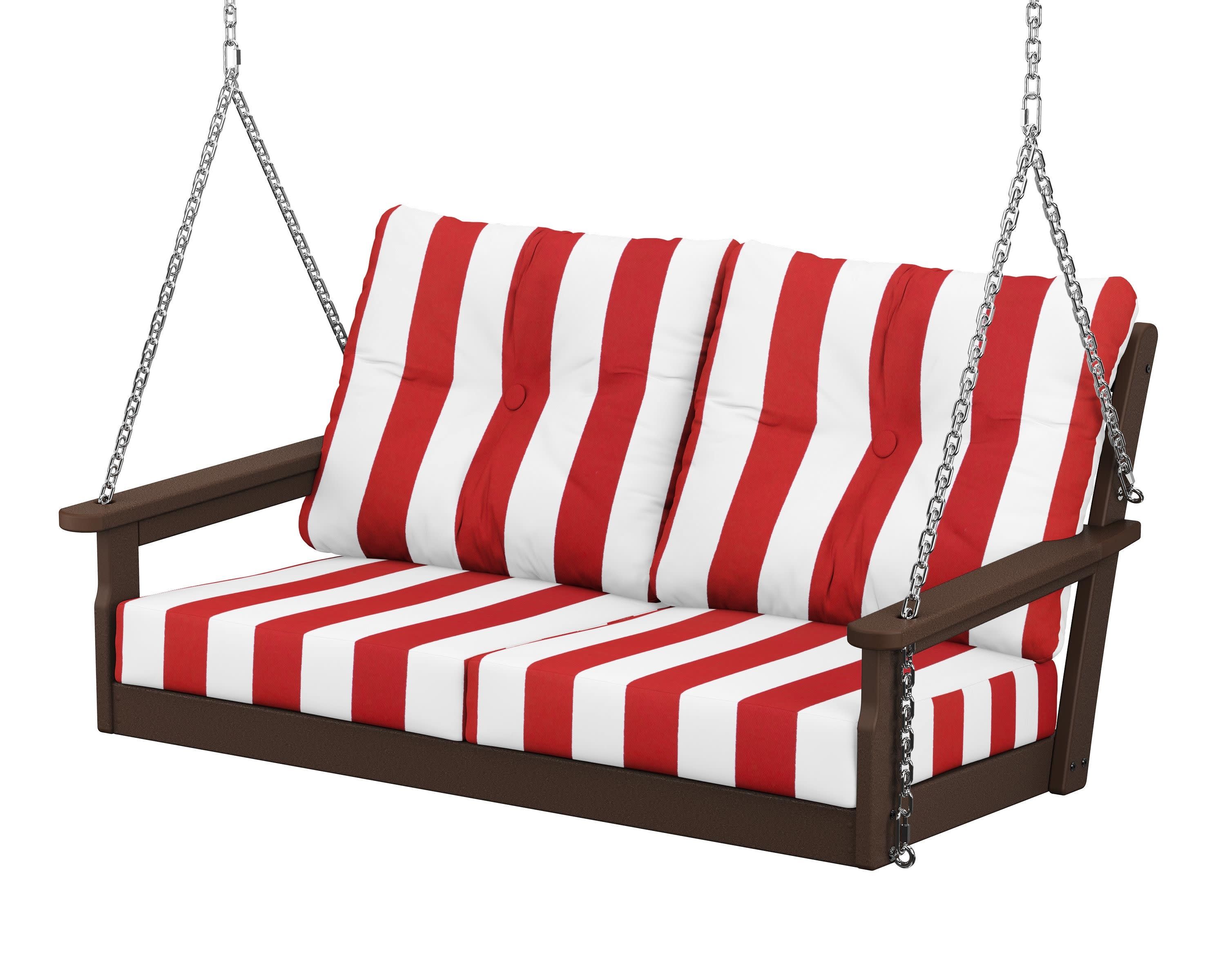 Vineyard Deep Seating Swing in Mahogany / Cabana Stripe Crimson