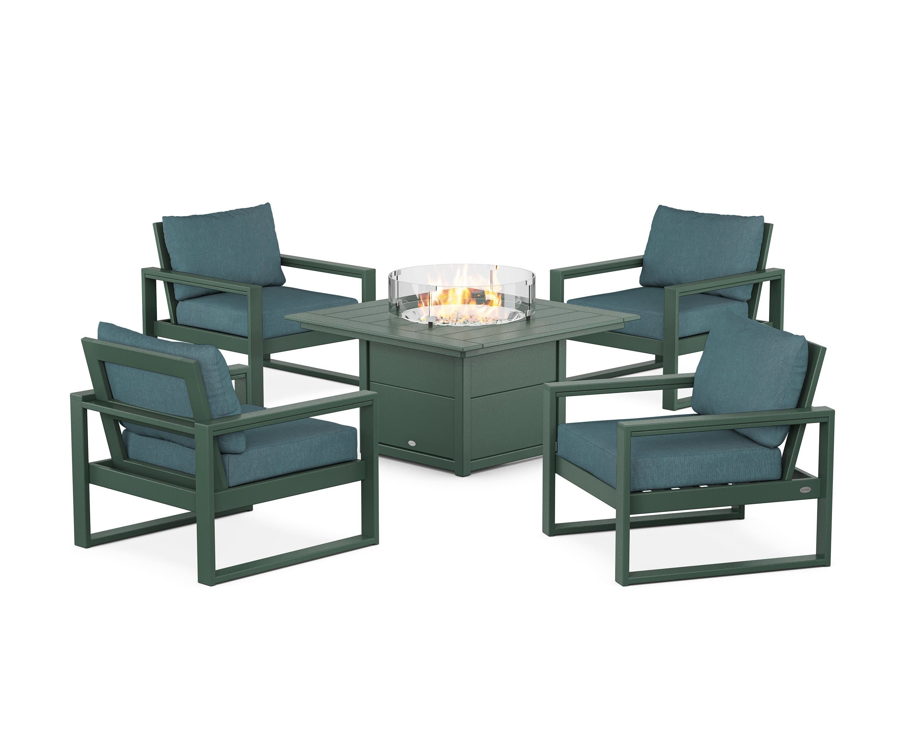 EDGE Sectional 5-Piece Deep Seating Set with Fire Pit Table in Green / Ocean Teal