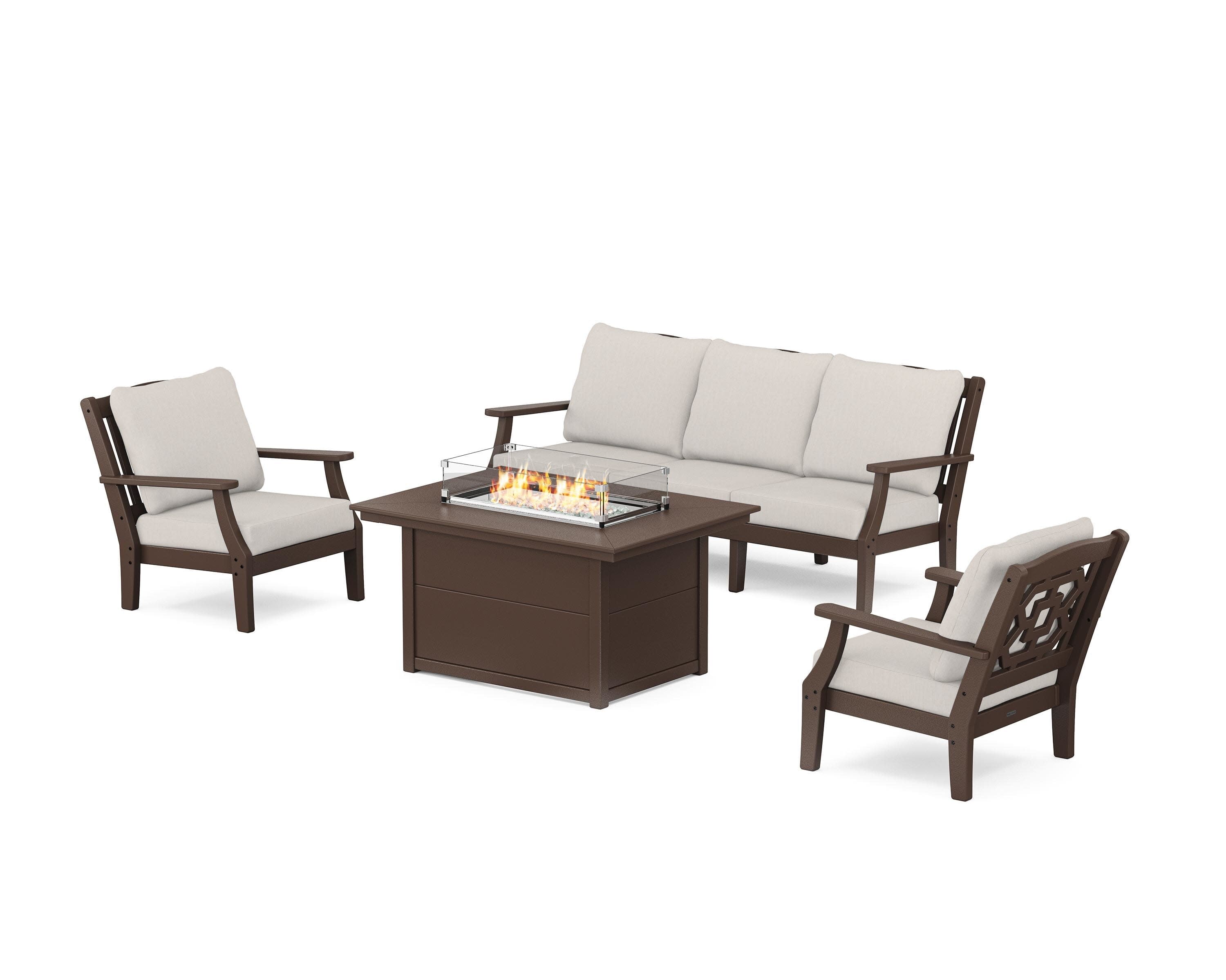 Chinoiserie Deep Seating Fire Pit Table Set in Mahogany / Cast Ash