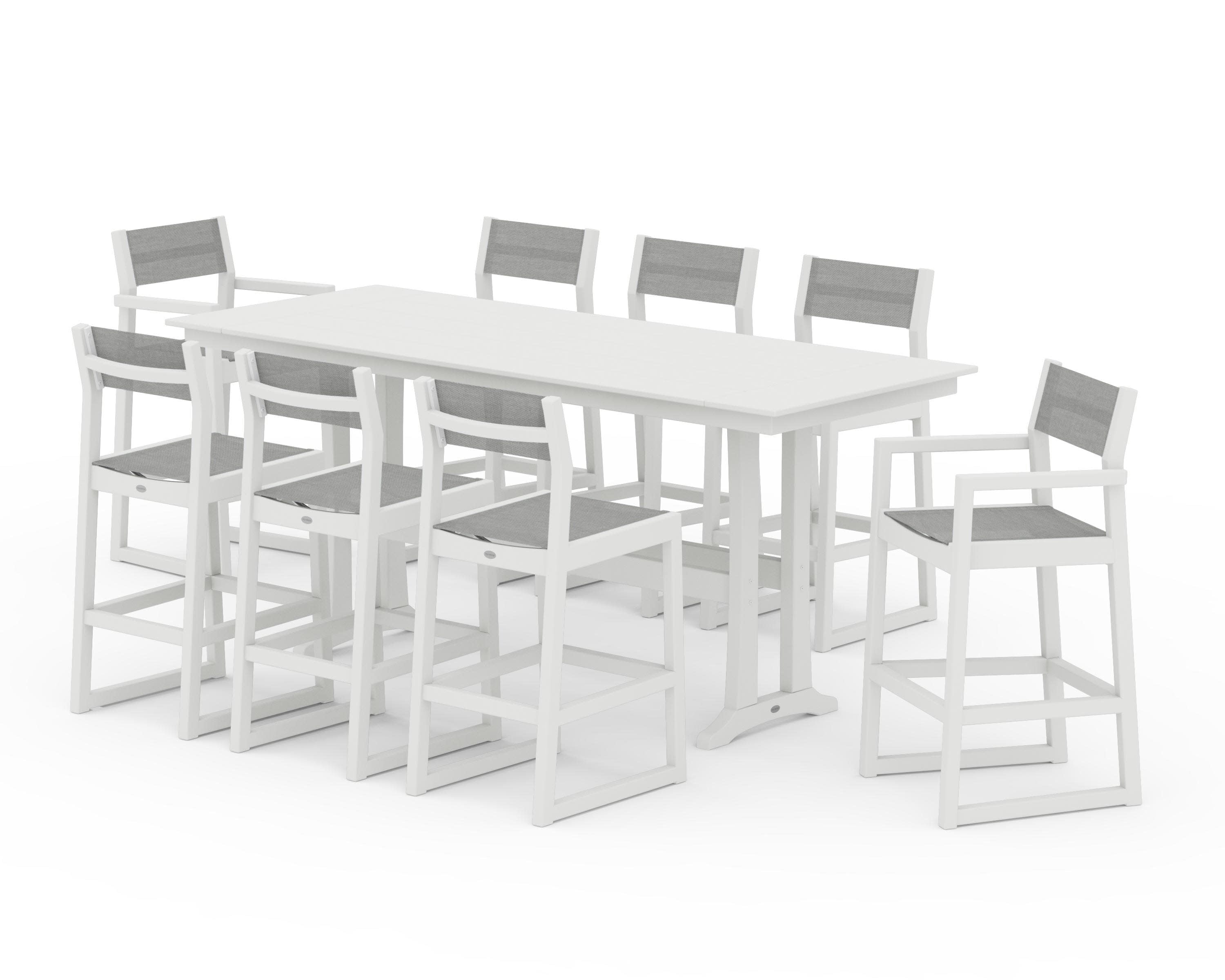 EDGE Sling 9-Piece Farmhouse Bar Set with Trestle Legs in Vintage White / Metallic Sling