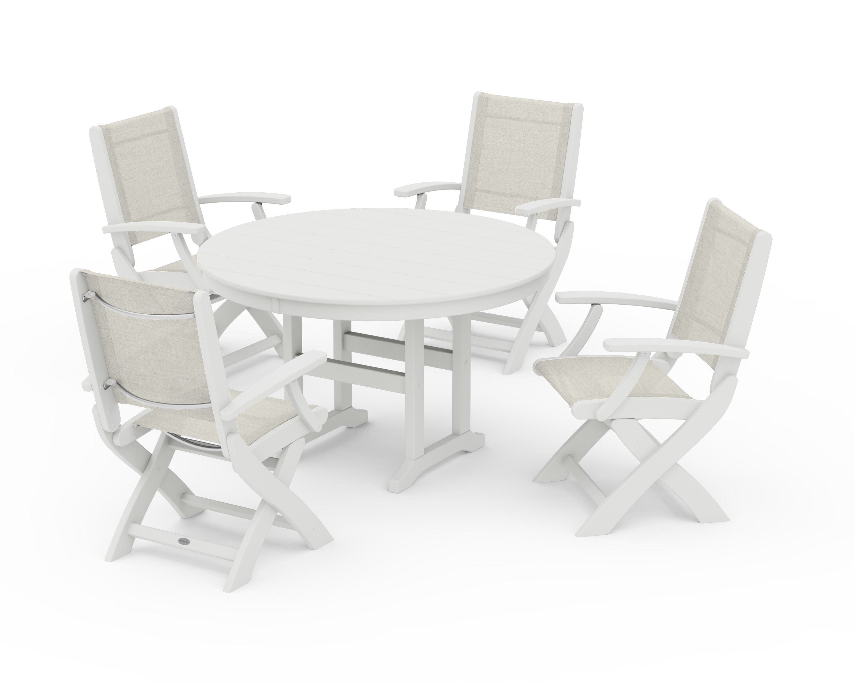Coastal Folding Chair 5-Piece Round Dining Set in Vintage White / Parchment Sling
