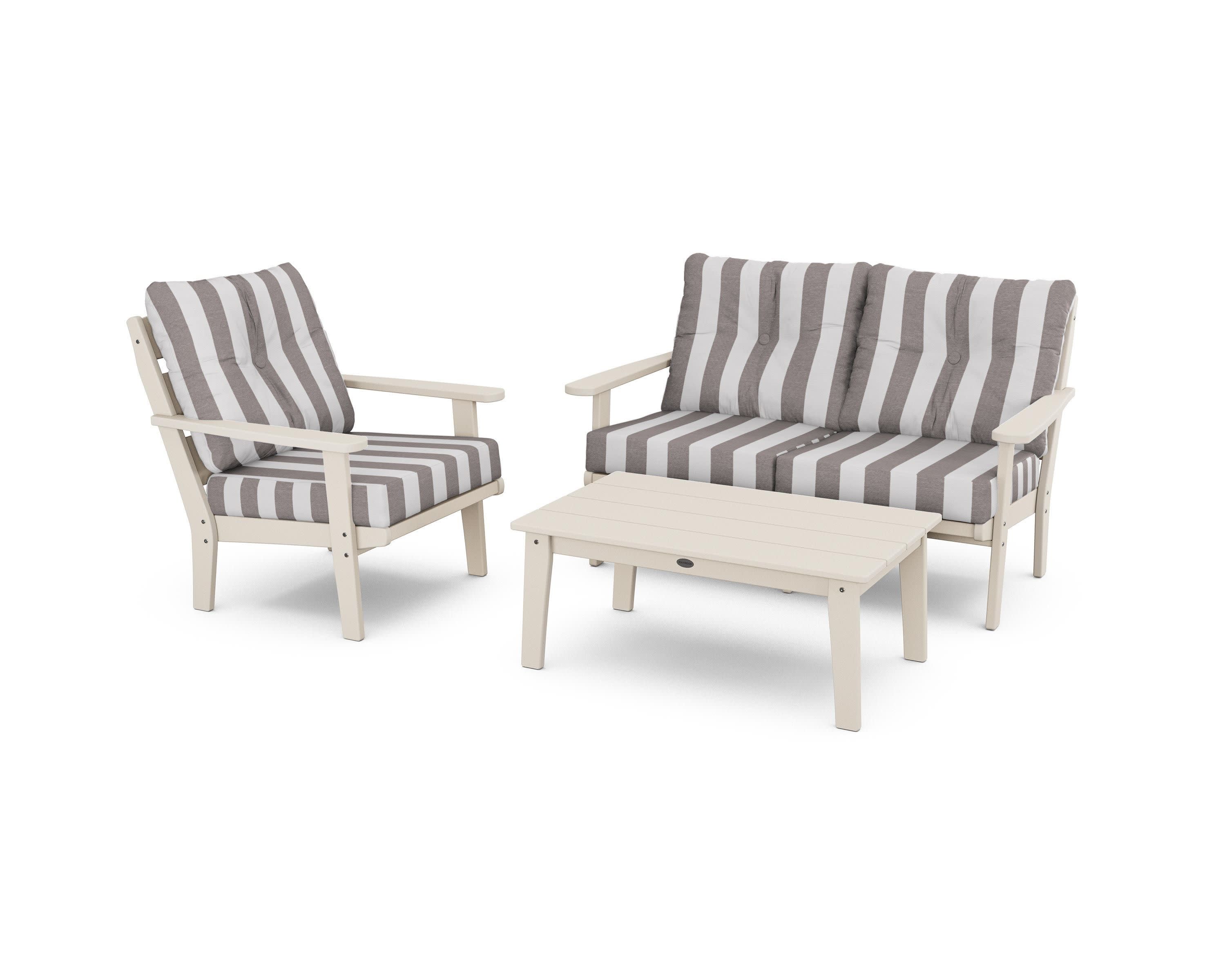 Lakeside 3-Piece Deep Seating Set in Sand / Cabana Stripe Grey Mist