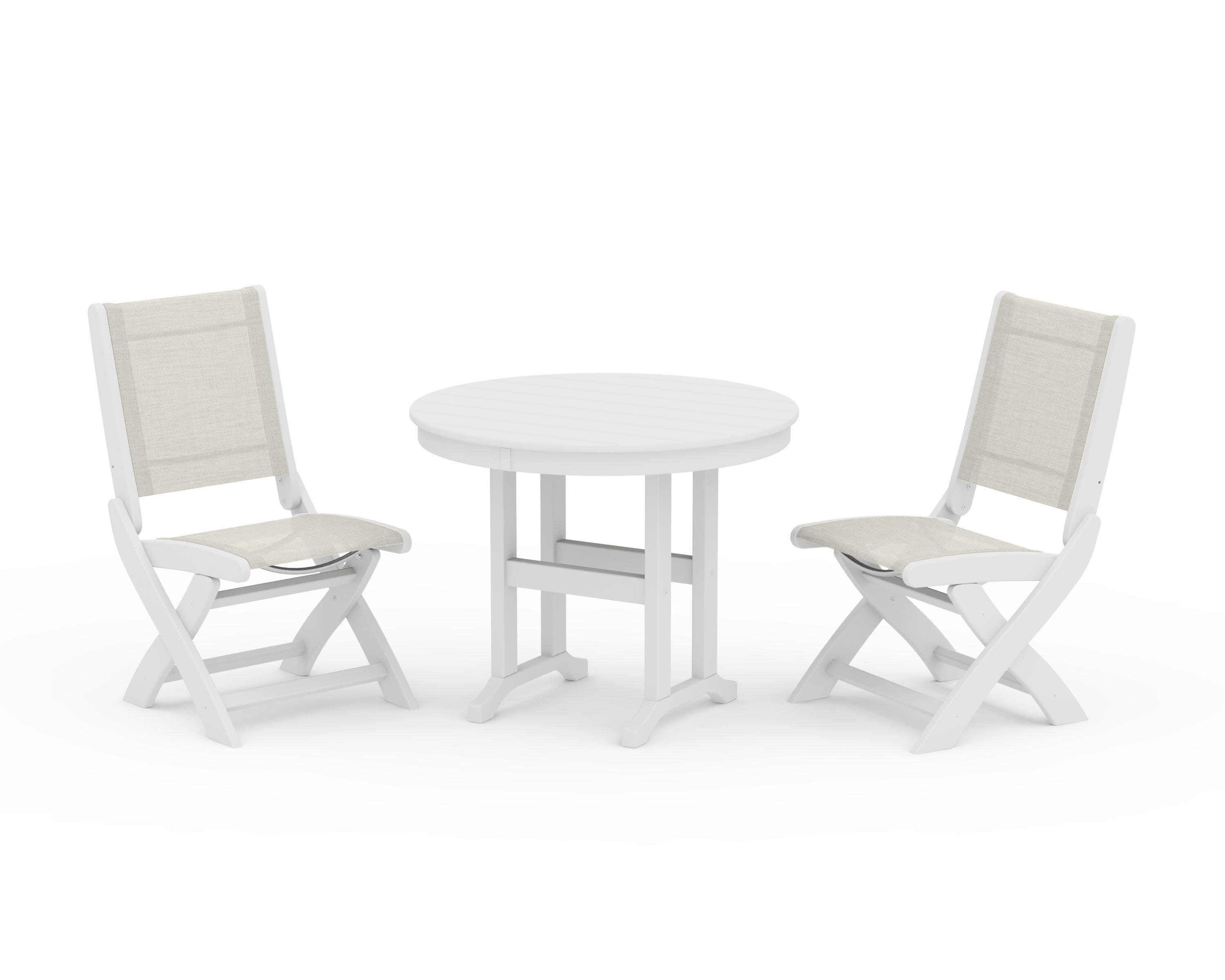 Coastal Folding Side Chair 3-Piece Round Dining Set in White / Parchment Sling