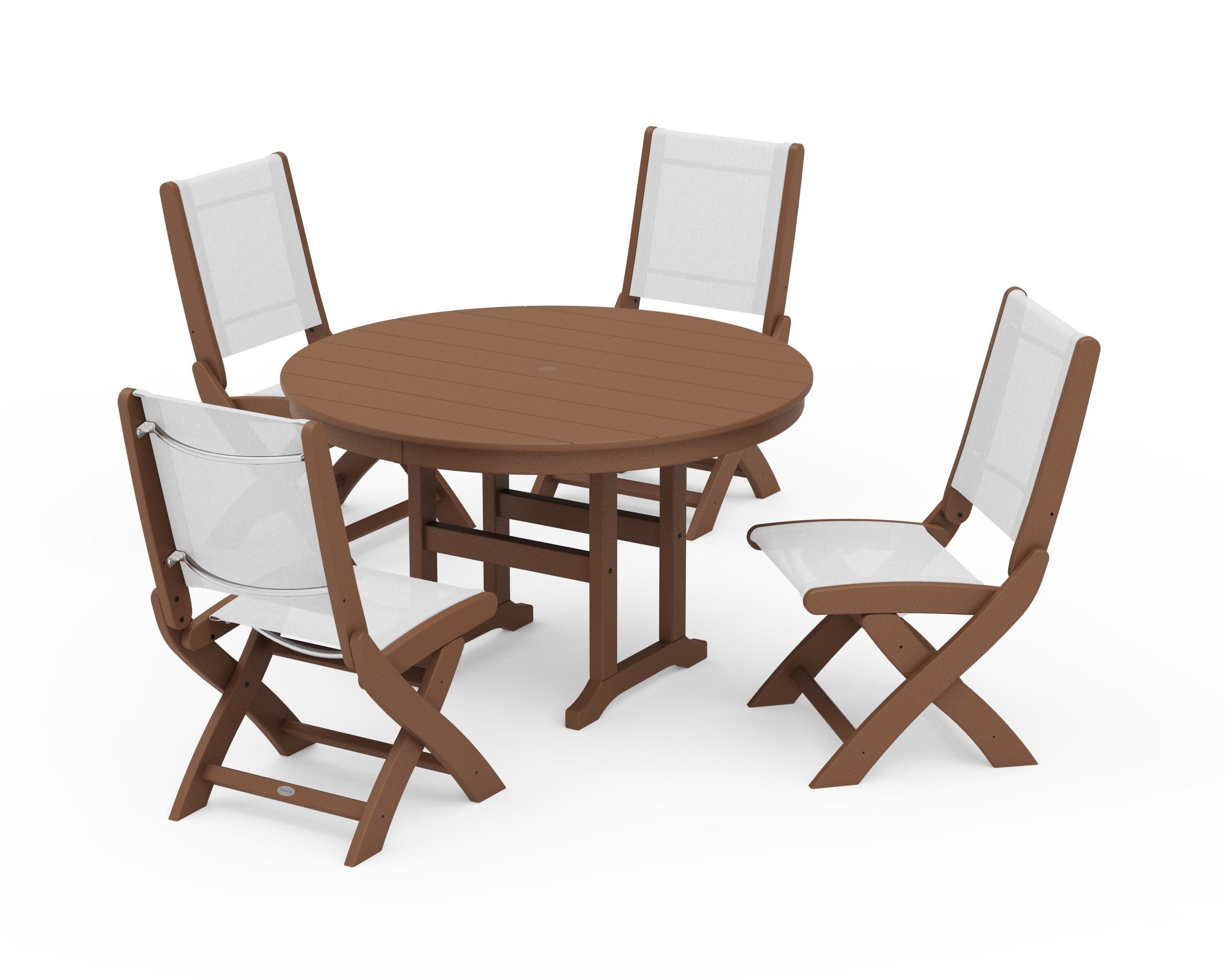 Coastal Folding Side Chair 5-Piece Round Dining Set in Teak / White Sling