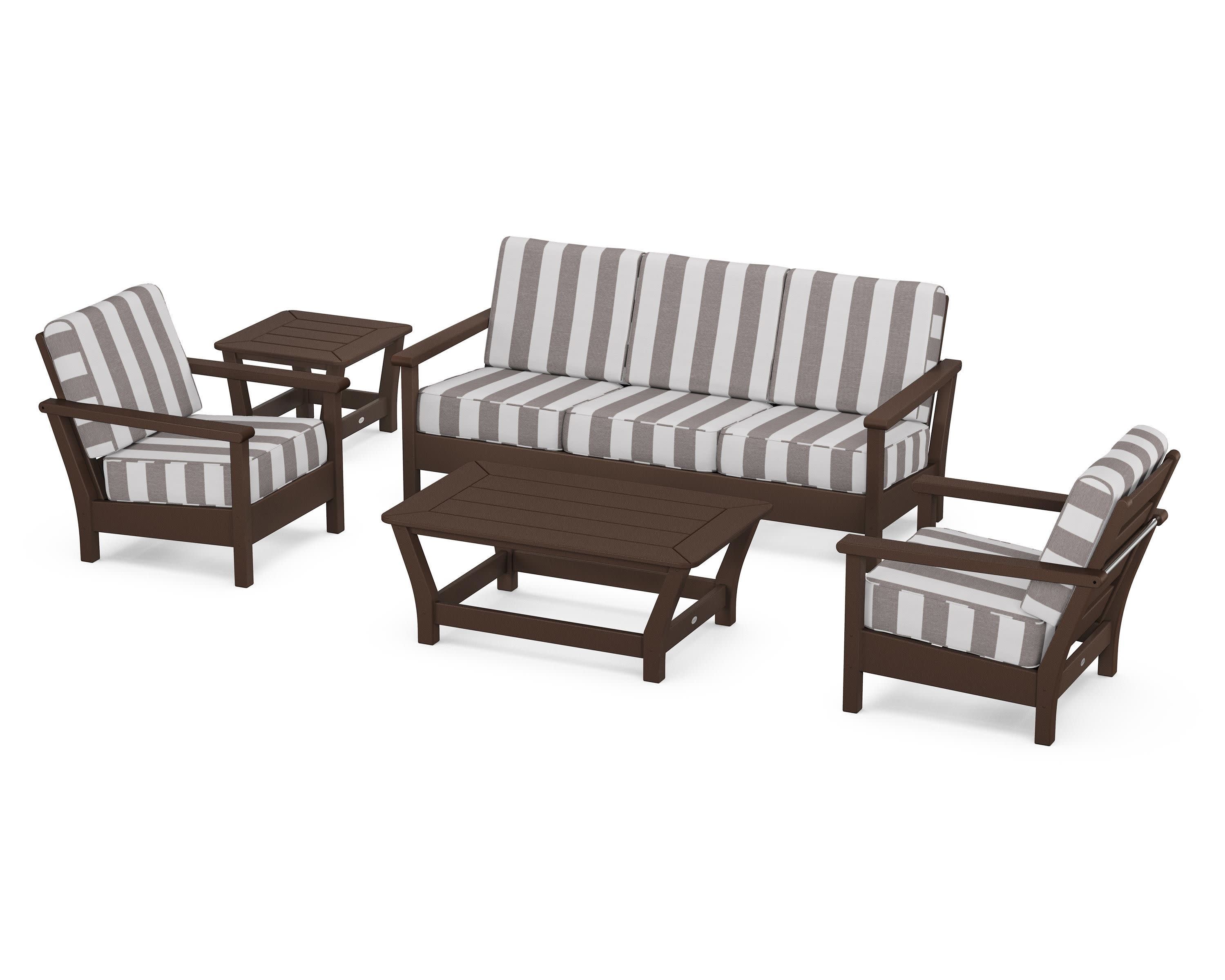 Harbour 5-Piece Deep Seating Set in Mahogany / Cabana Stripe Grey Mist