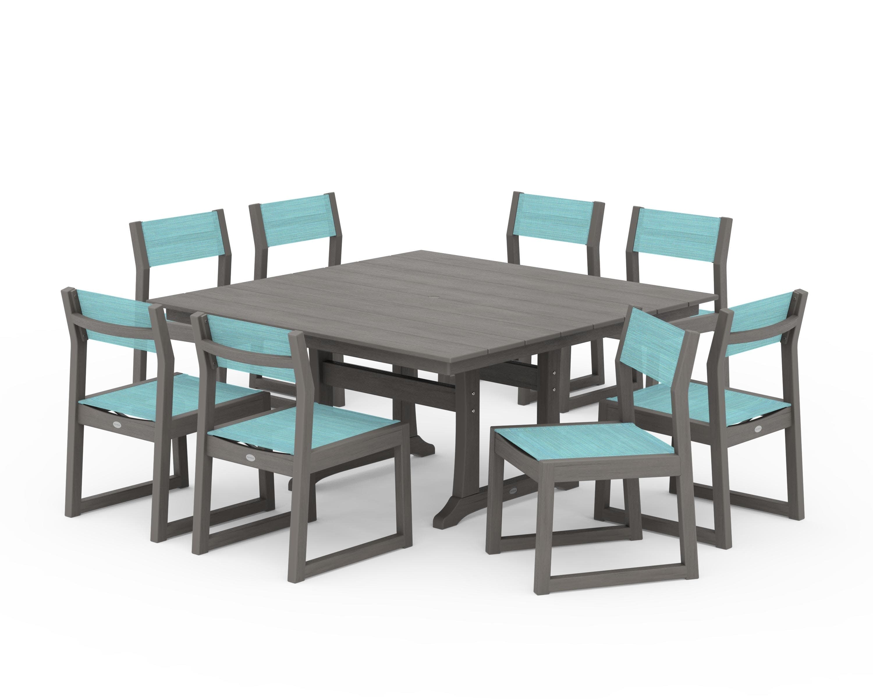 EDGE Sling Side Chair 9-Piece Farmhouse Trestle Dining Set in Driftwood / Dupioni Aquamarine Sling
