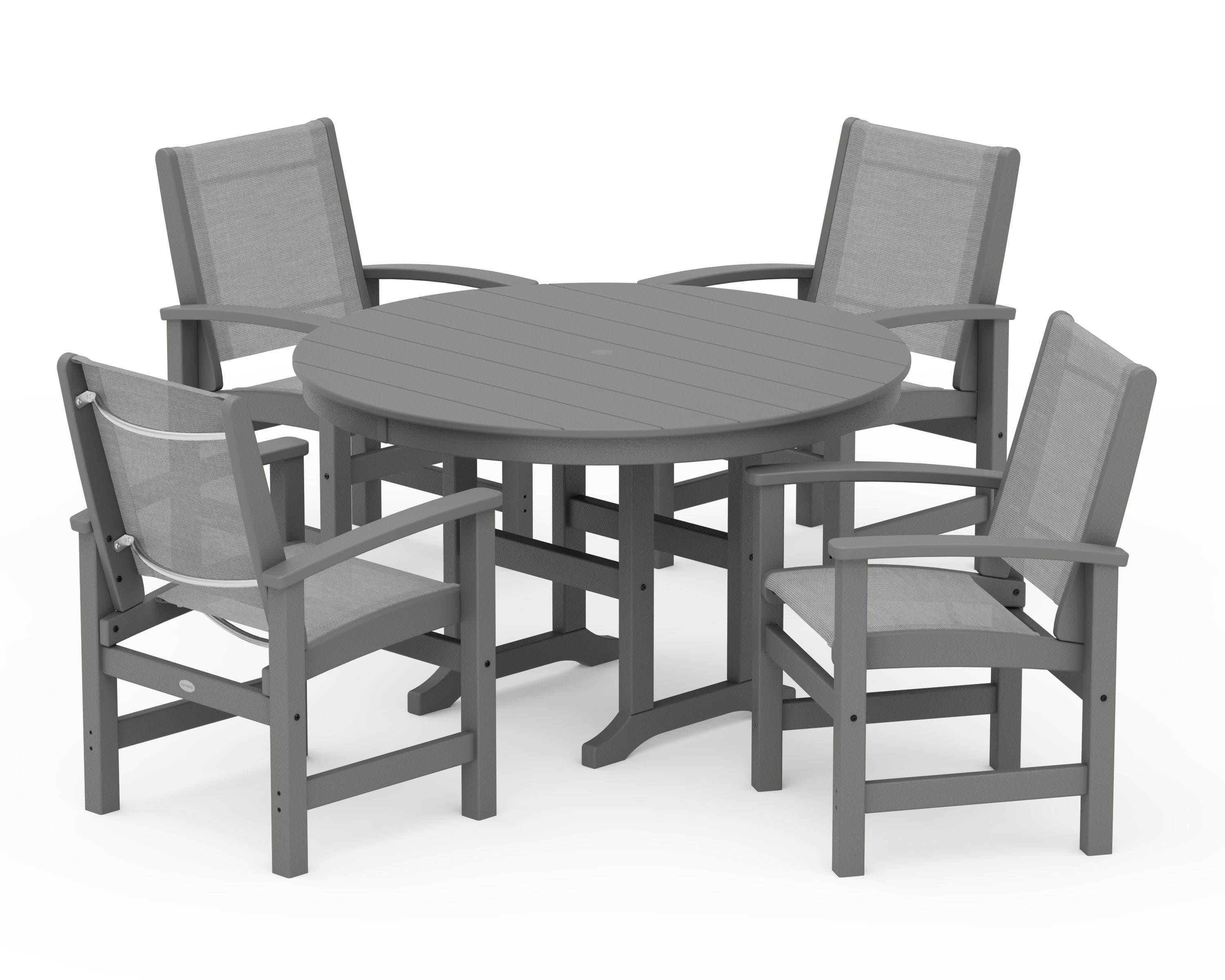 Coastal 5-Piece Round Farmhouse Dining Set in Slate Grey / Metallic Sling