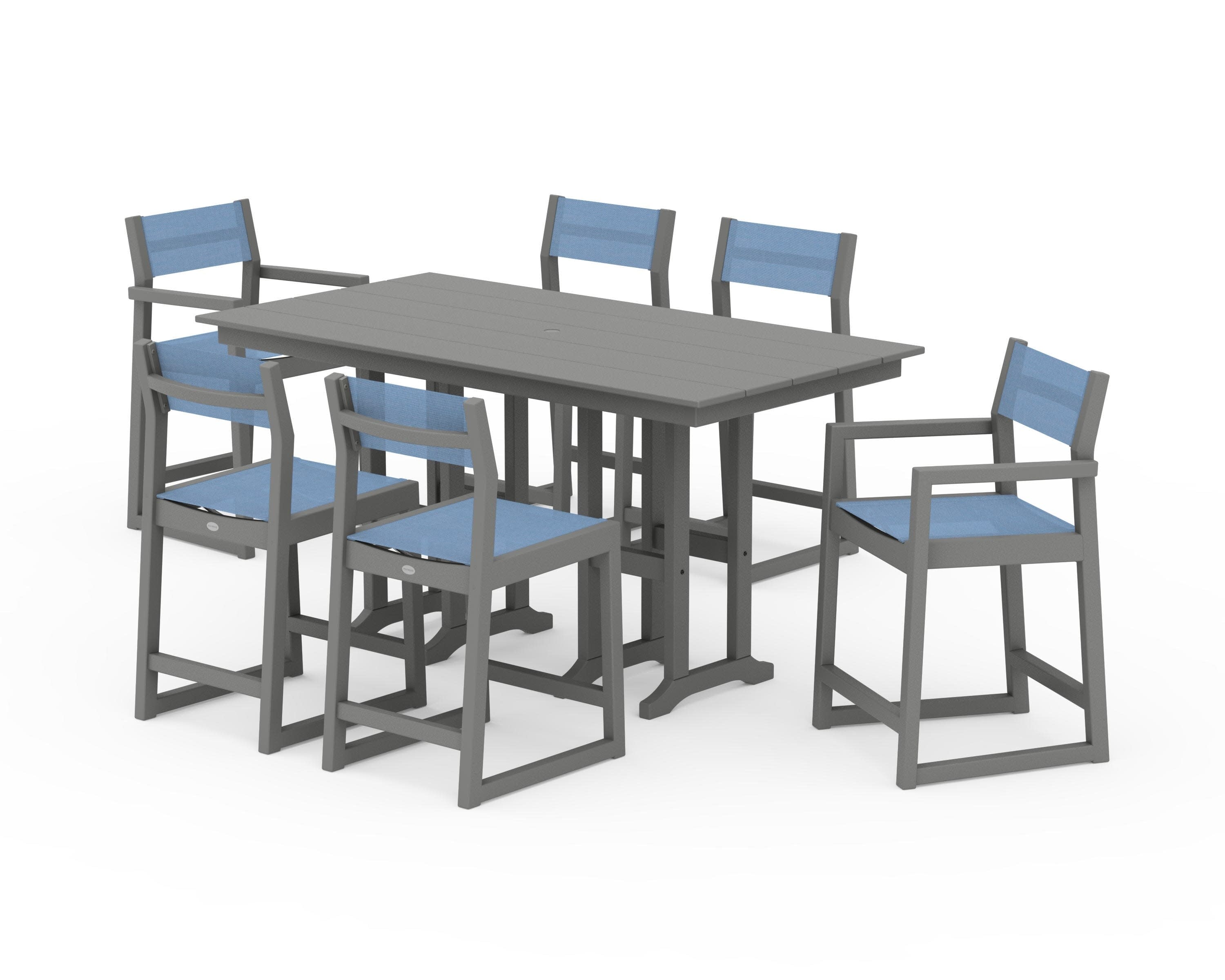 EDGE Sling 7-Piece Farmhouse Counter Set with Trestle Legs in Slate Grey / Poolside Sling