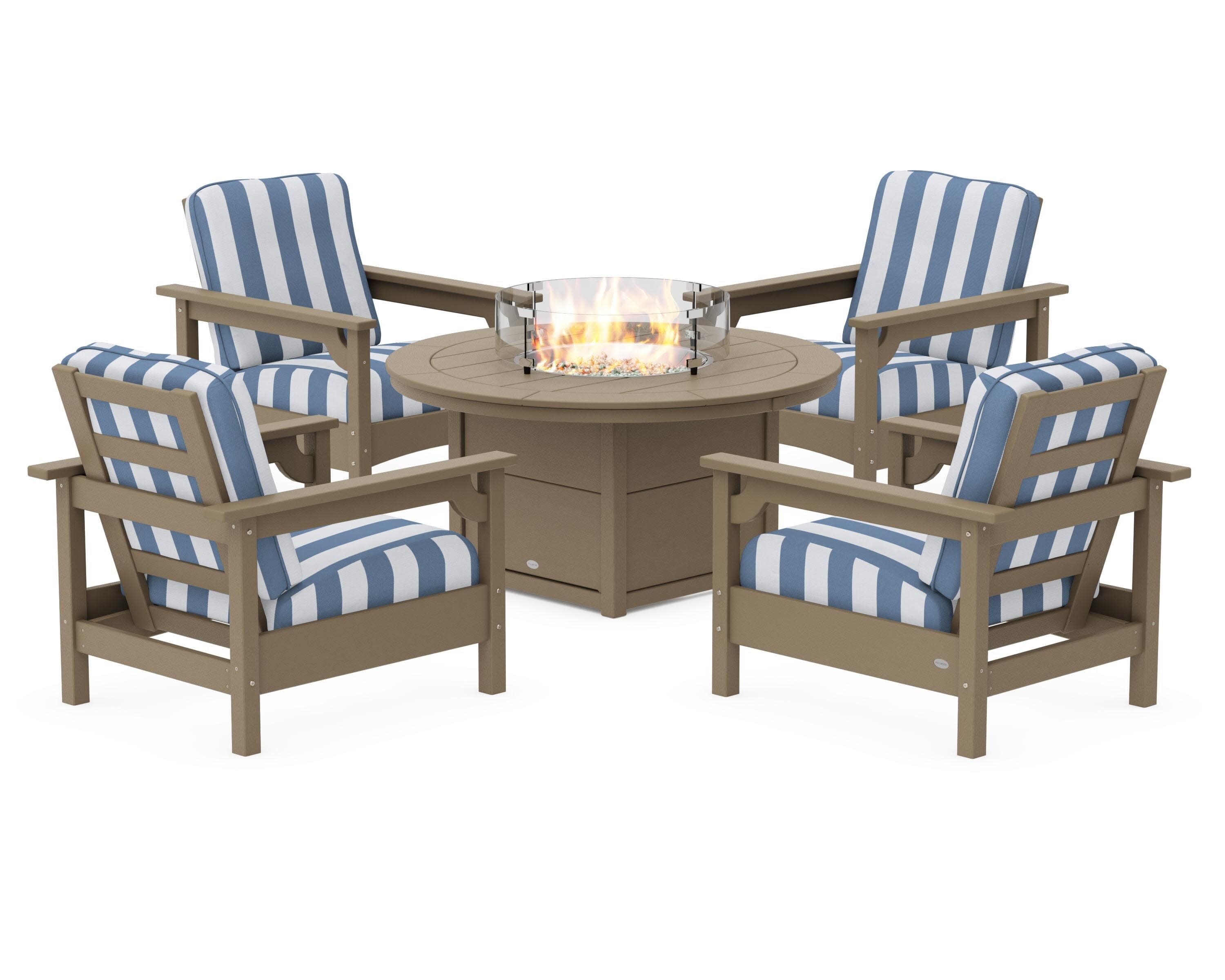 Club 5-Piece Conversation Set with Fire Pit Table in Vintage Sahara / Cabana Stripe Sky Blue