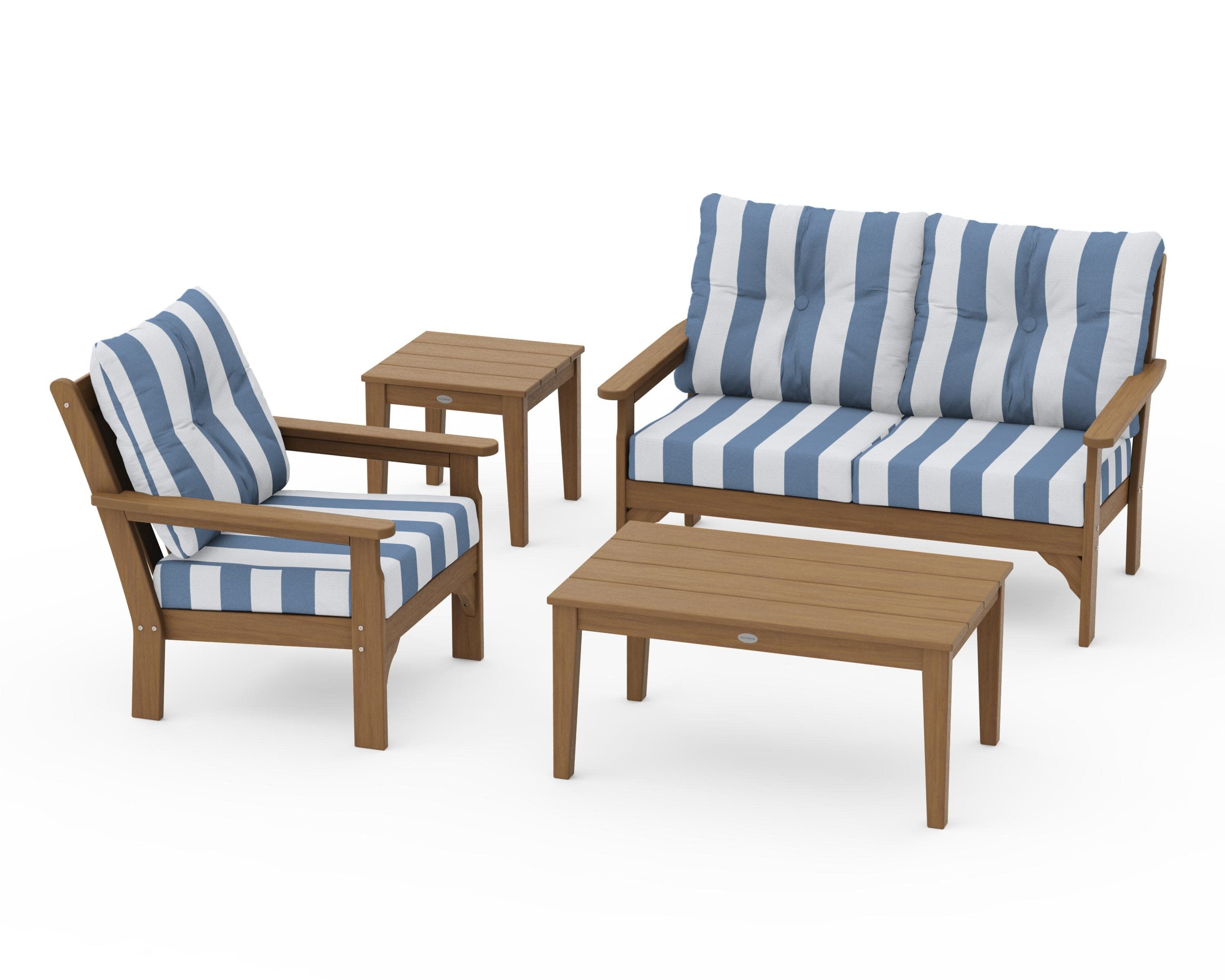 Vineyard 4-Piece Deep Seating Set in Natural / Cabana Stripe Sky Blue