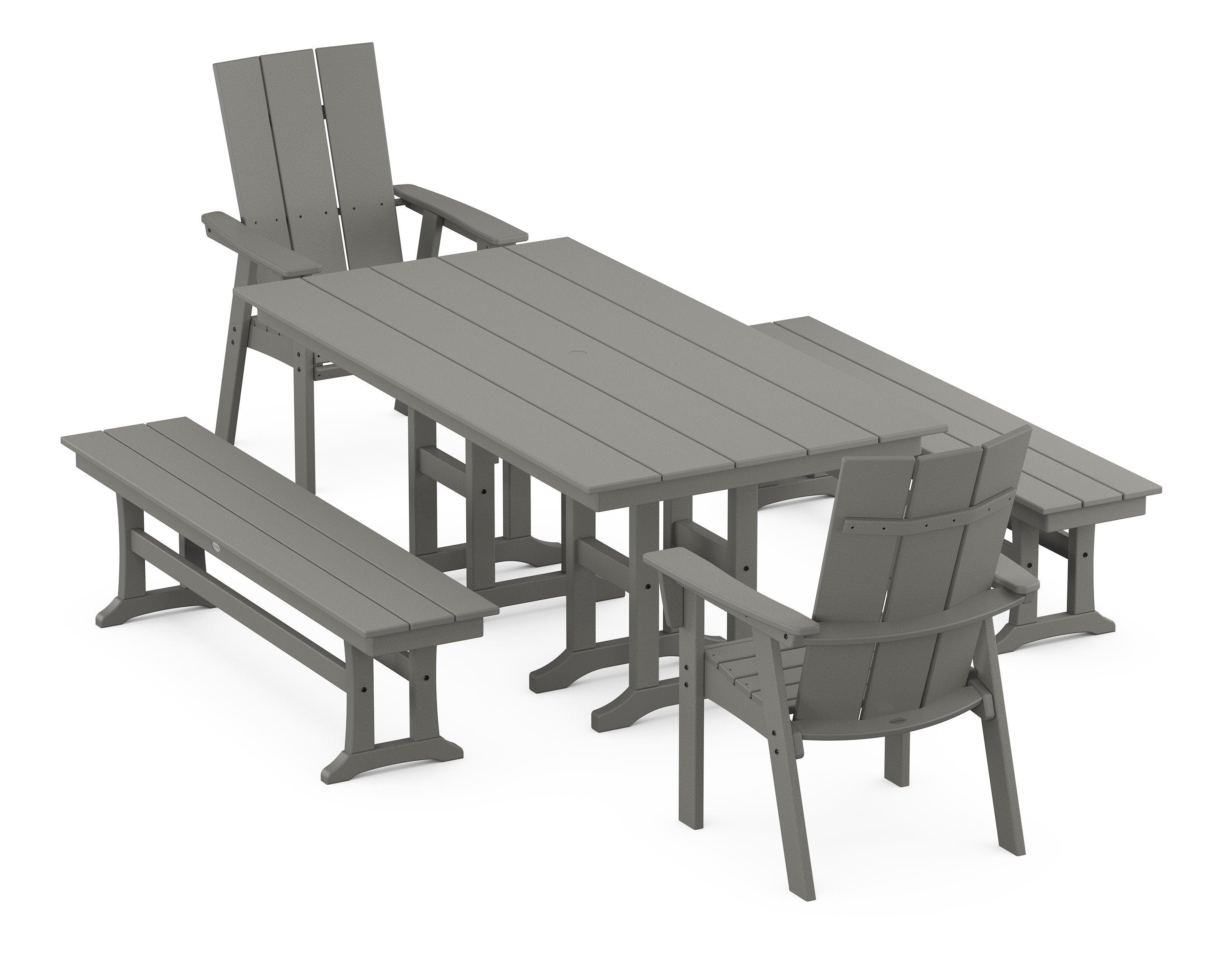 Modern Curveback Adirondack 5-Piece Farmhouse Dining Set with Benches in Slate Grey