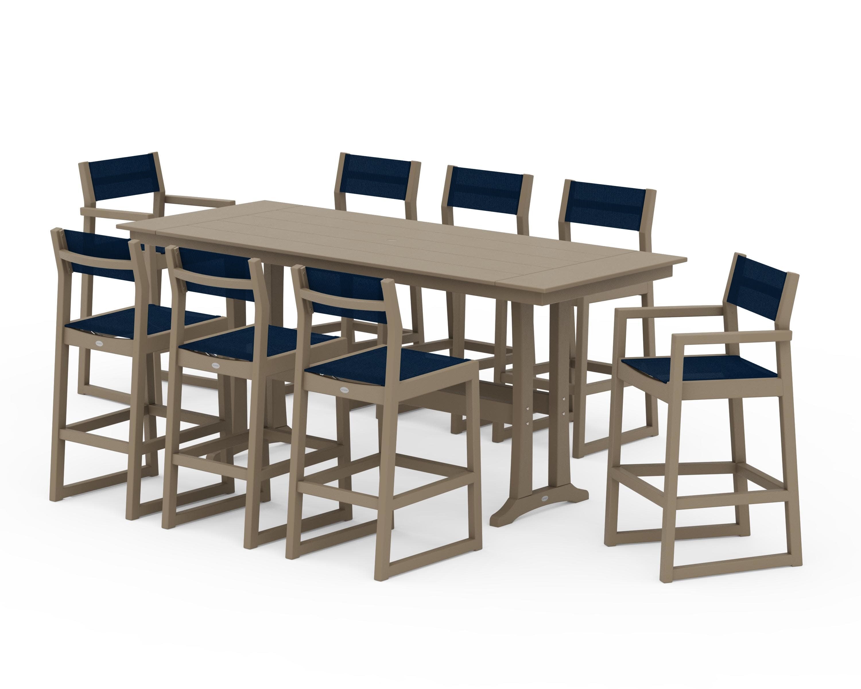 EDGE Sling 9-Piece Farmhouse Bar Set with Trestle Legs in Vintage Sahara / Navy Blue Sling