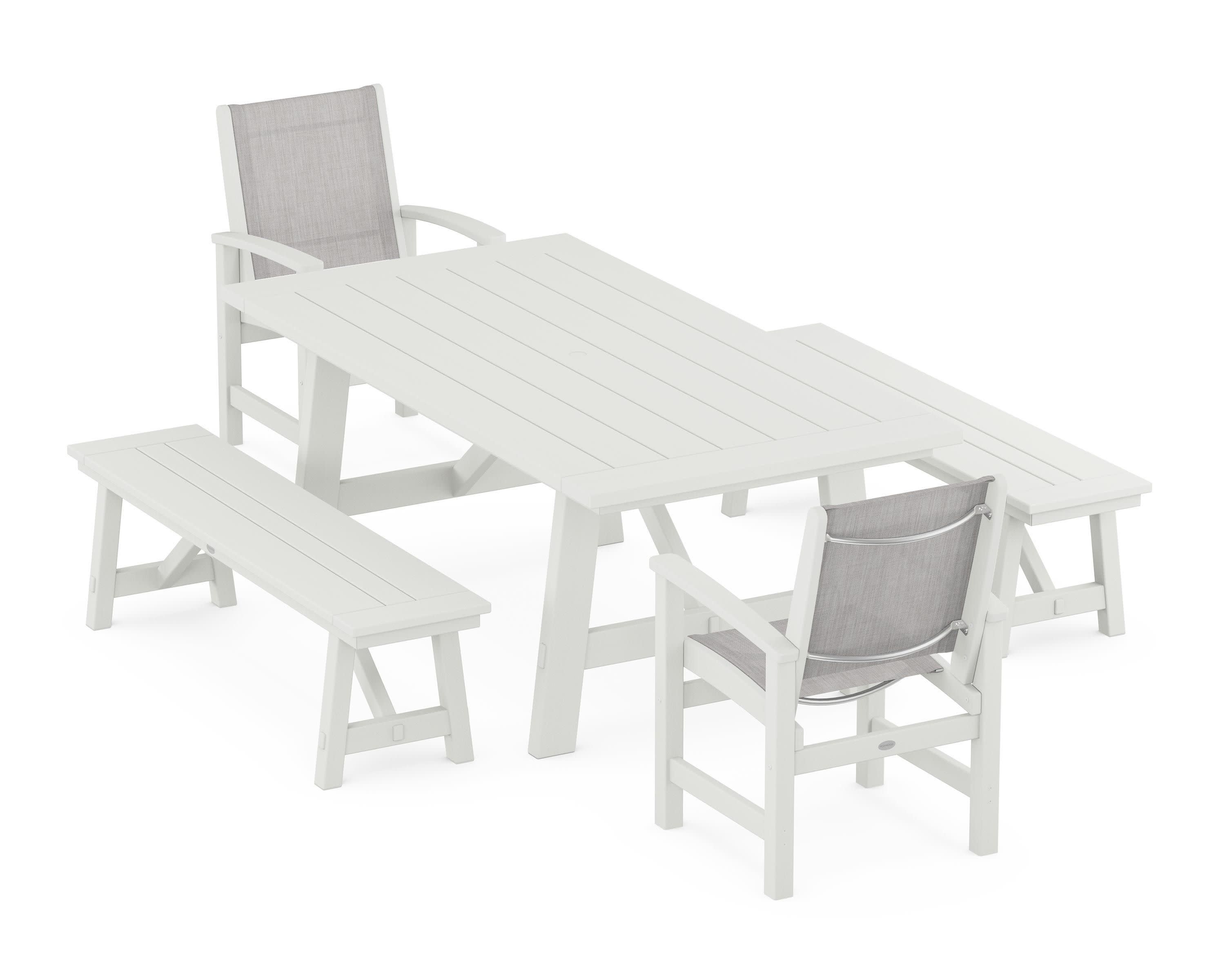 Coastal 5-Piece Rustic Farmhouse Dining Set With Benches in Vintage White / Parchment Sling