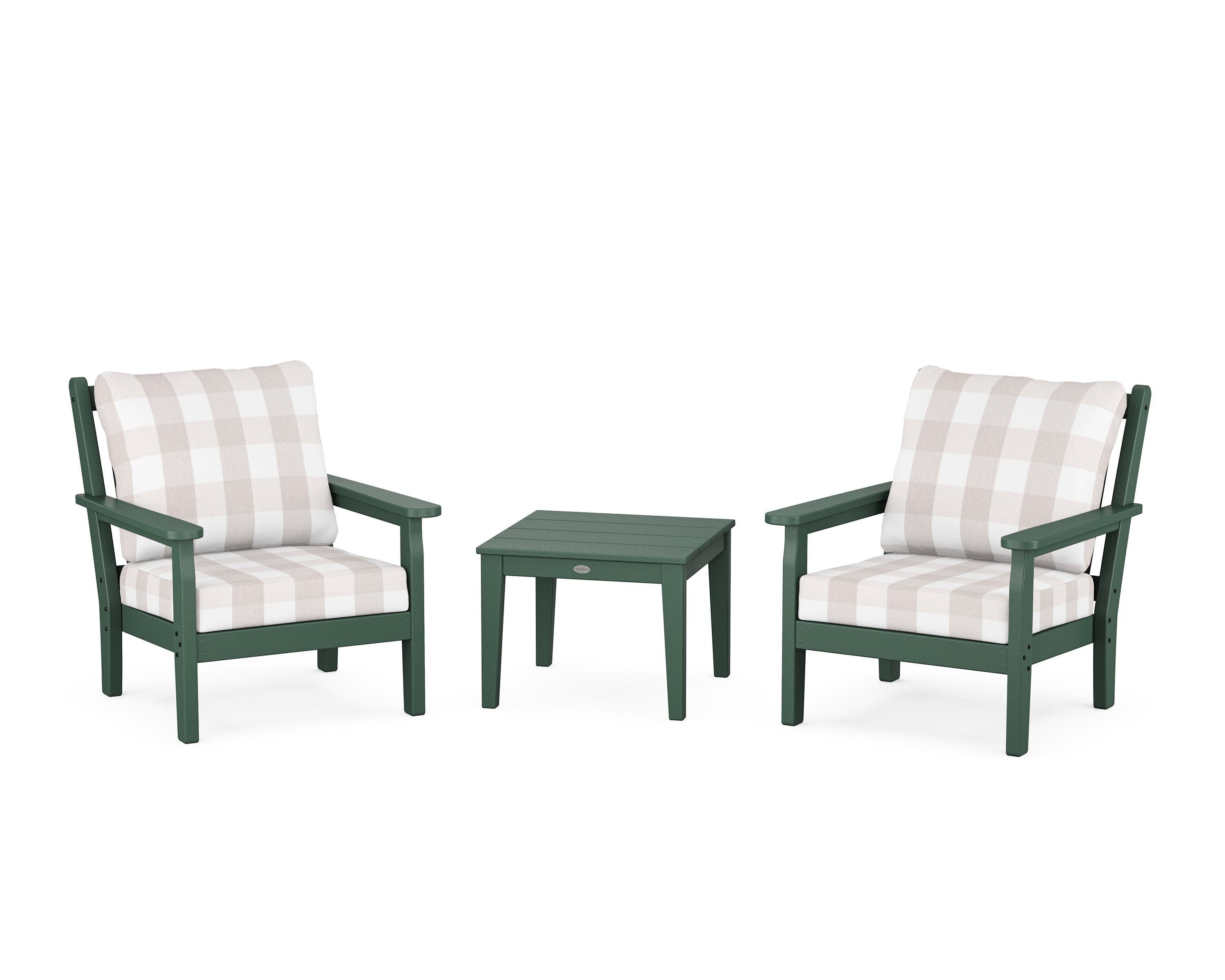 Chippendale 3-Piece Deep Seating Set in Green / Buffalo Plaid Dune Burlap