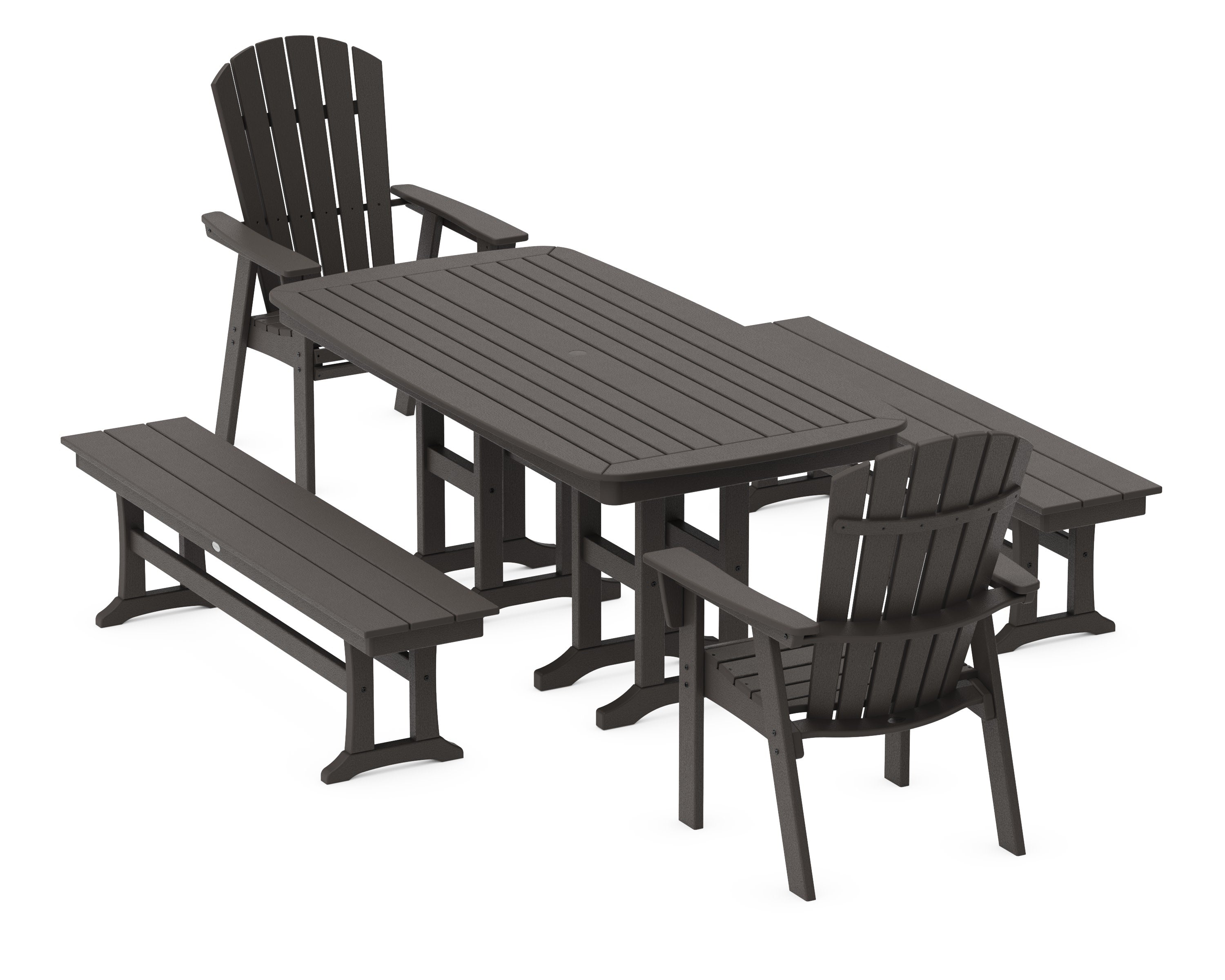 Nautical Curveback Adirondack 5-Piece Dining Set with Benches in Vintage Coffee