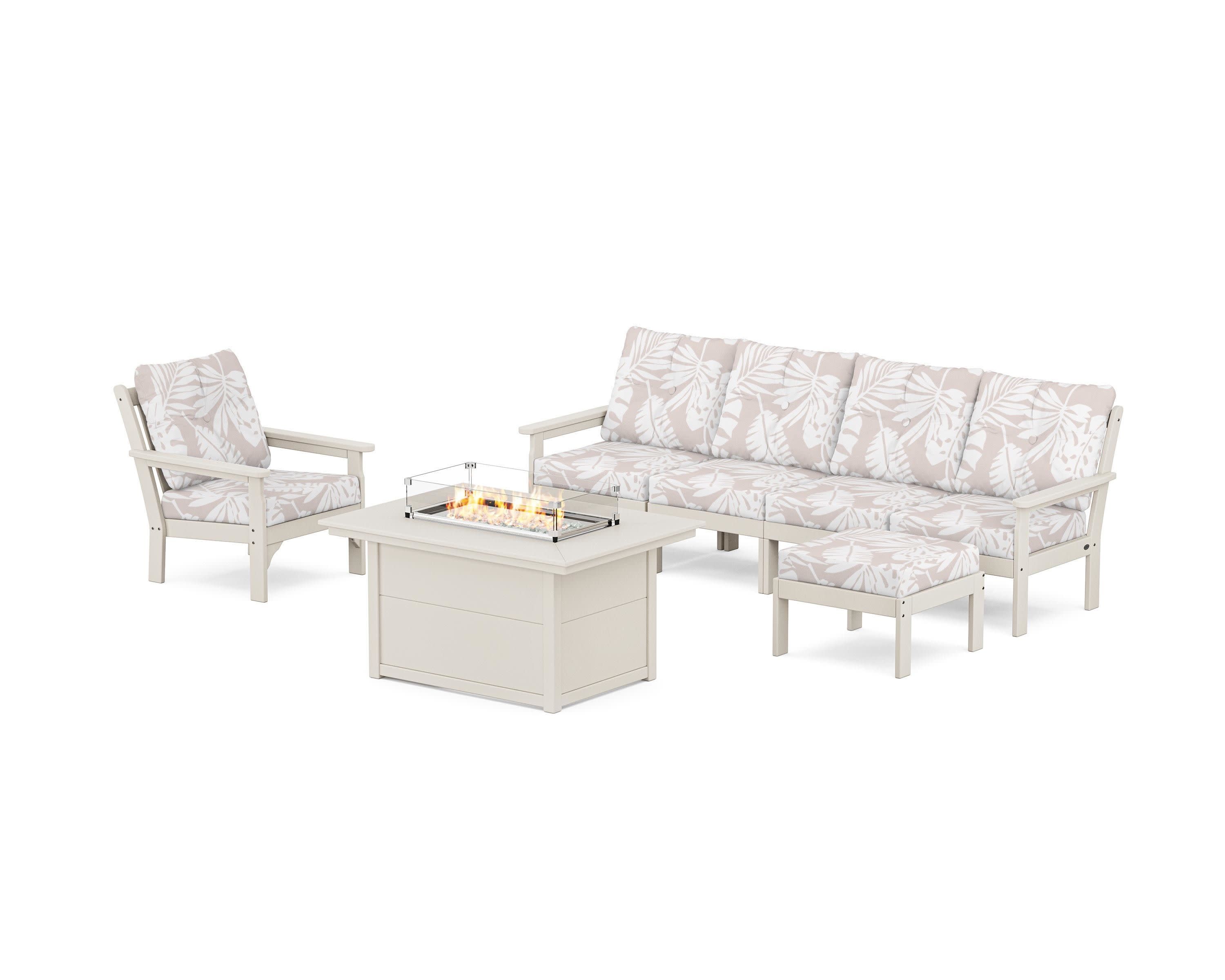 Vineyard Sectional Lounge and Fire Pit Set in Sand / Leaf Dune Burlap