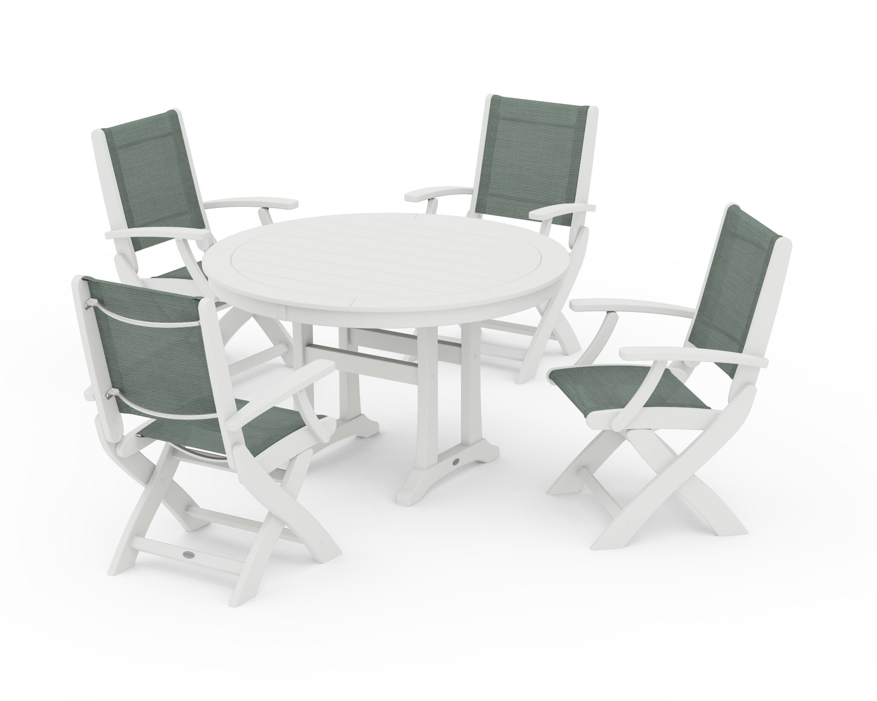 Coastal Folding Chair 5-Piece Round Dining Set with Trestle Legs in Vintage White / Dupioni Sea Mist Sling