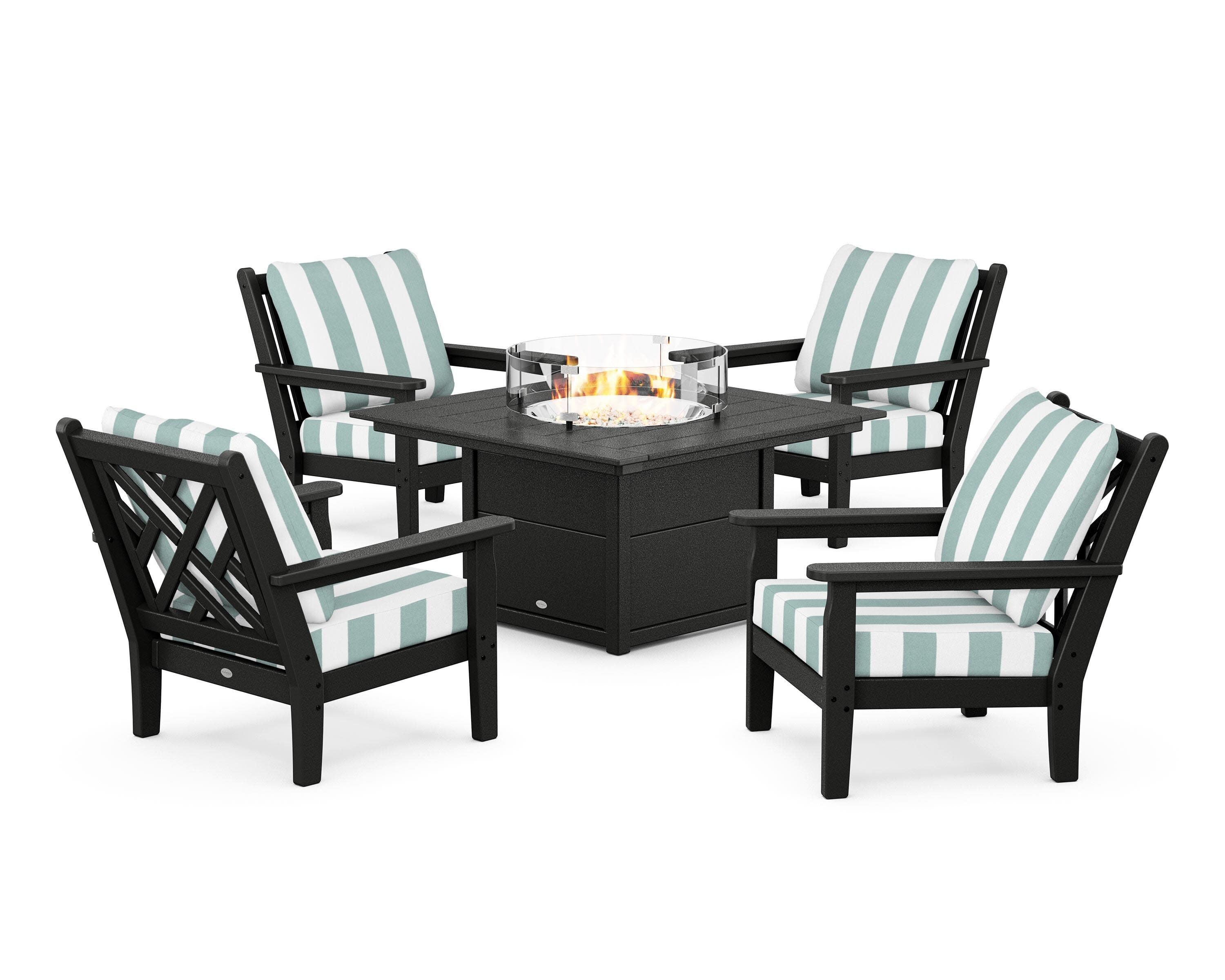 Chippendale 5-Piece Deep Seating Set with Fire Pit Table in Black / Cabana Stripe Glacier Spa