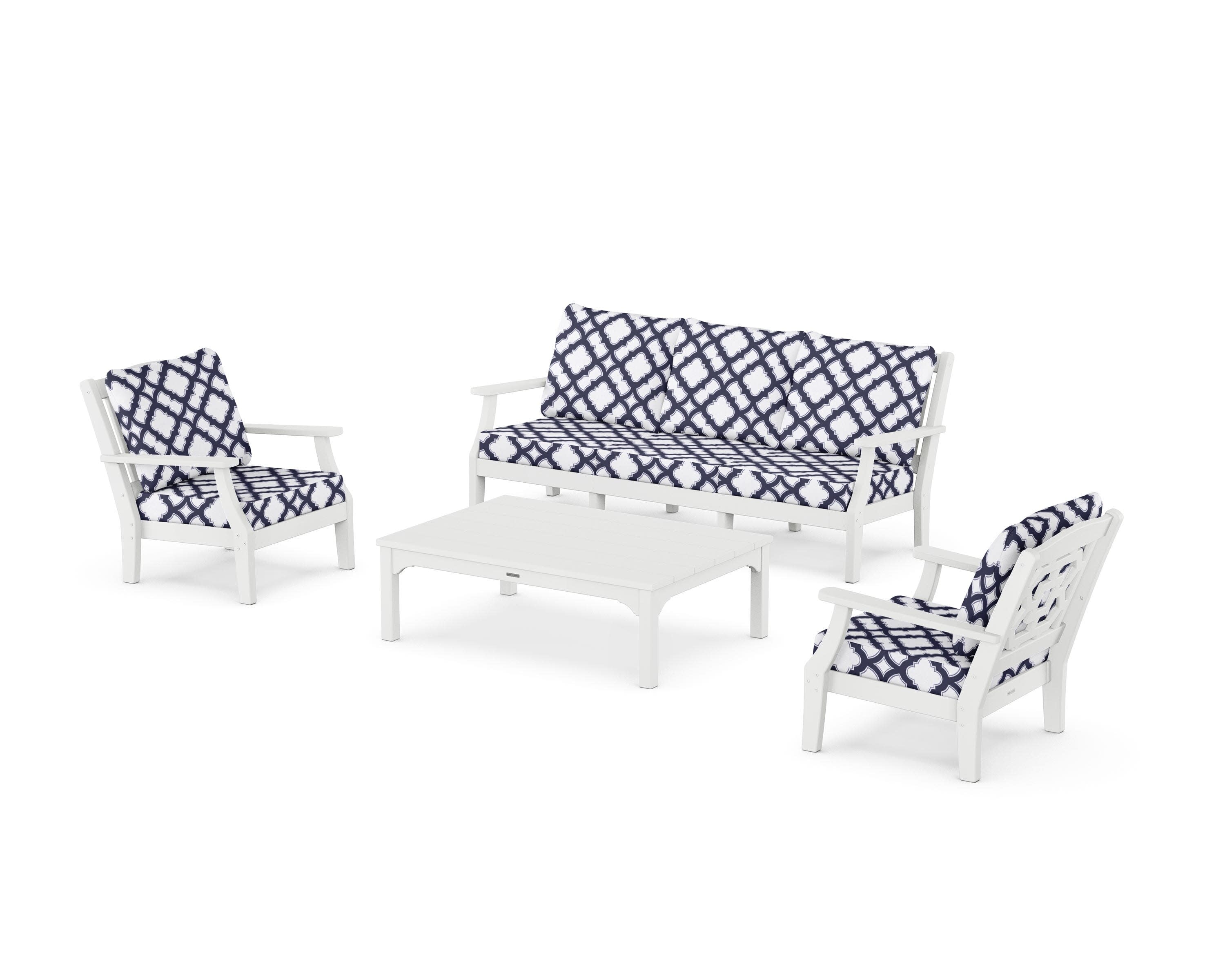 Chinoiserie 4-Piece Deep Seating Set with Sofa in White / Trellis Navy