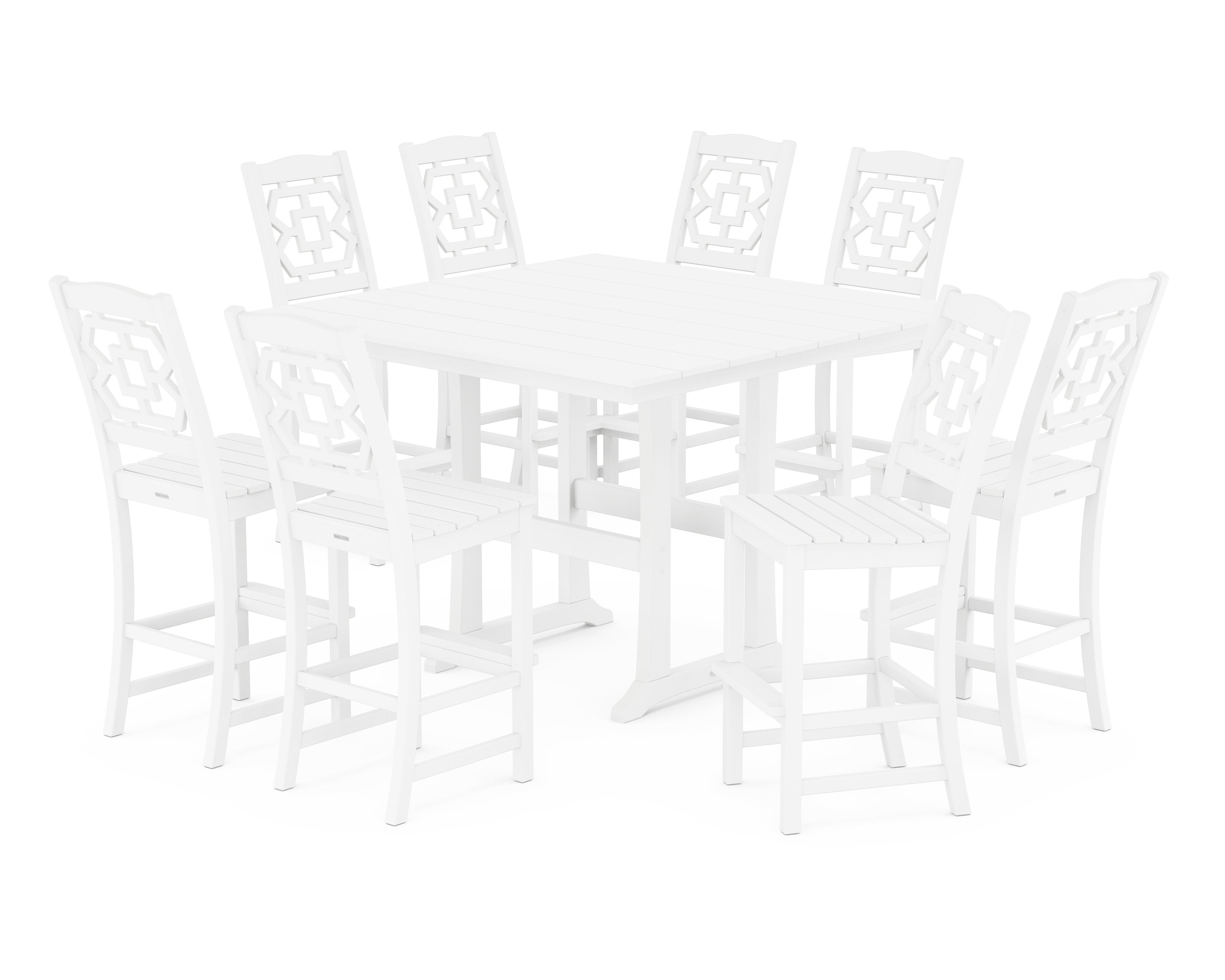 Chinoiserie 9-Piece Square Farmhouse Side Chair Bar Set with Trestle Legs in White