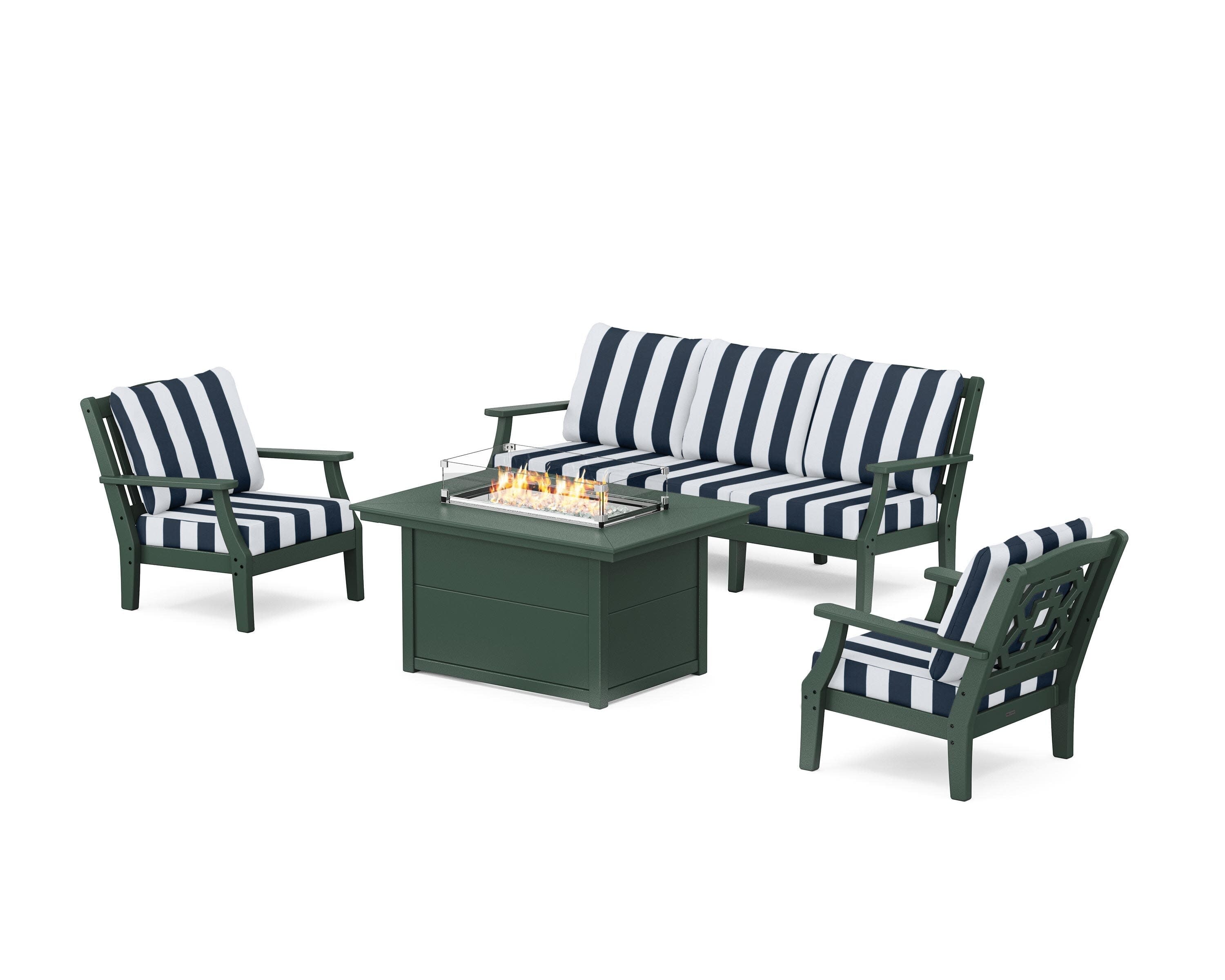 Chinoiserie Deep Seating Fire Pit Table Set in Green / Cabana Stripe Marine Indigo
