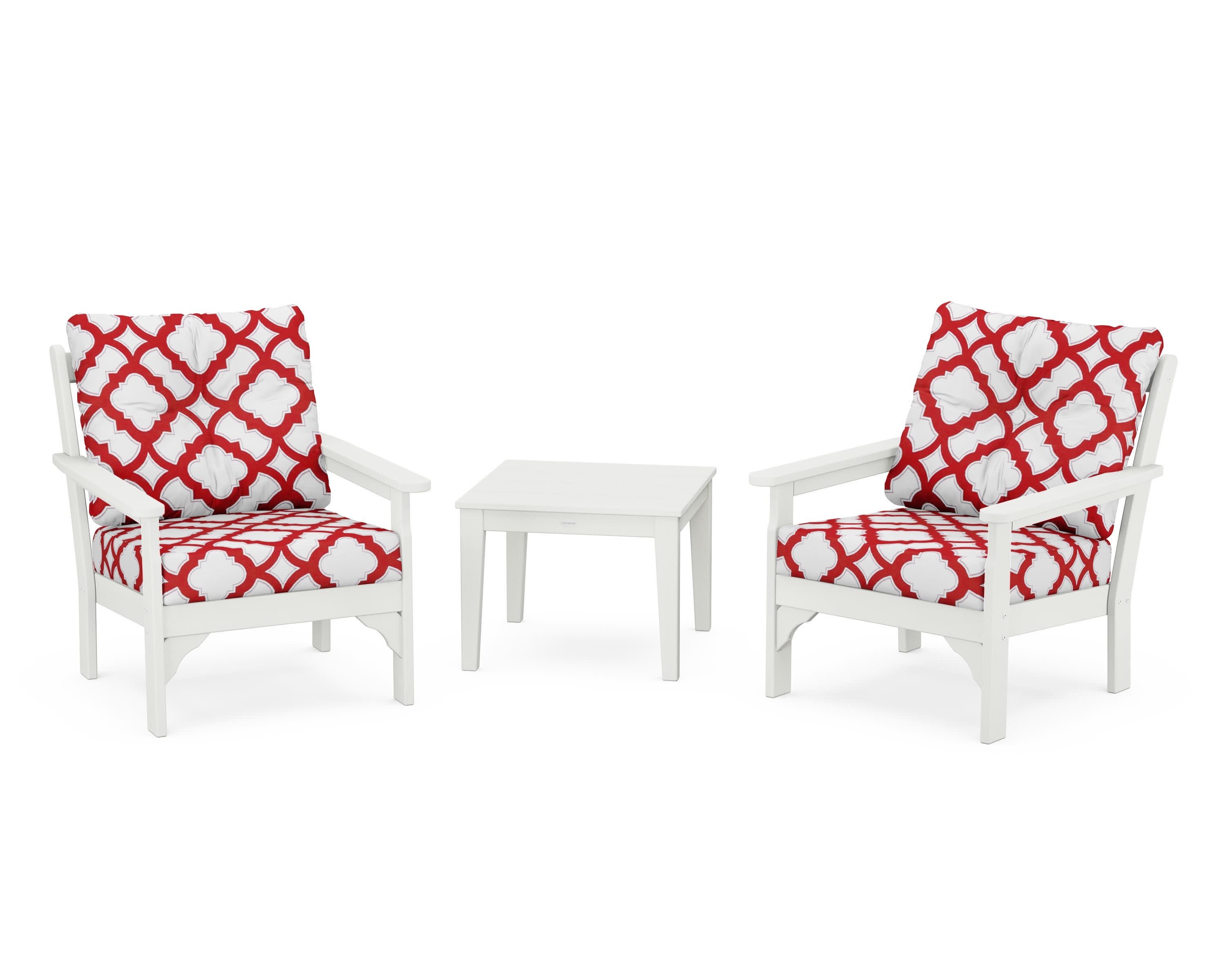 Vineyard 3-Piece Deep Seating Set in Vintage White / Trellis Crimson