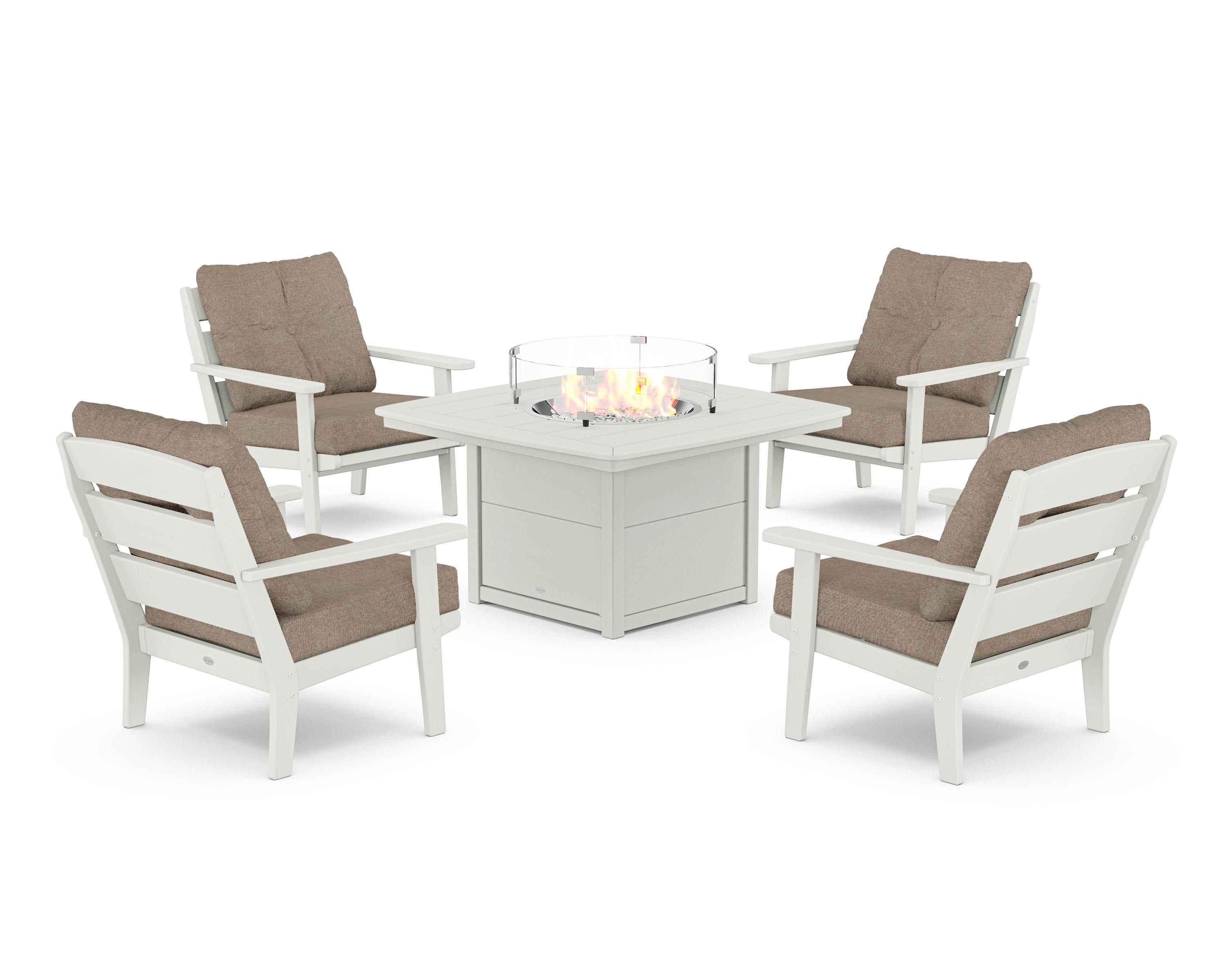 Lakeside 5-Piece Deep Seating Set with Nautical Fire Pit Table in Vintage White / Spiced Burlap