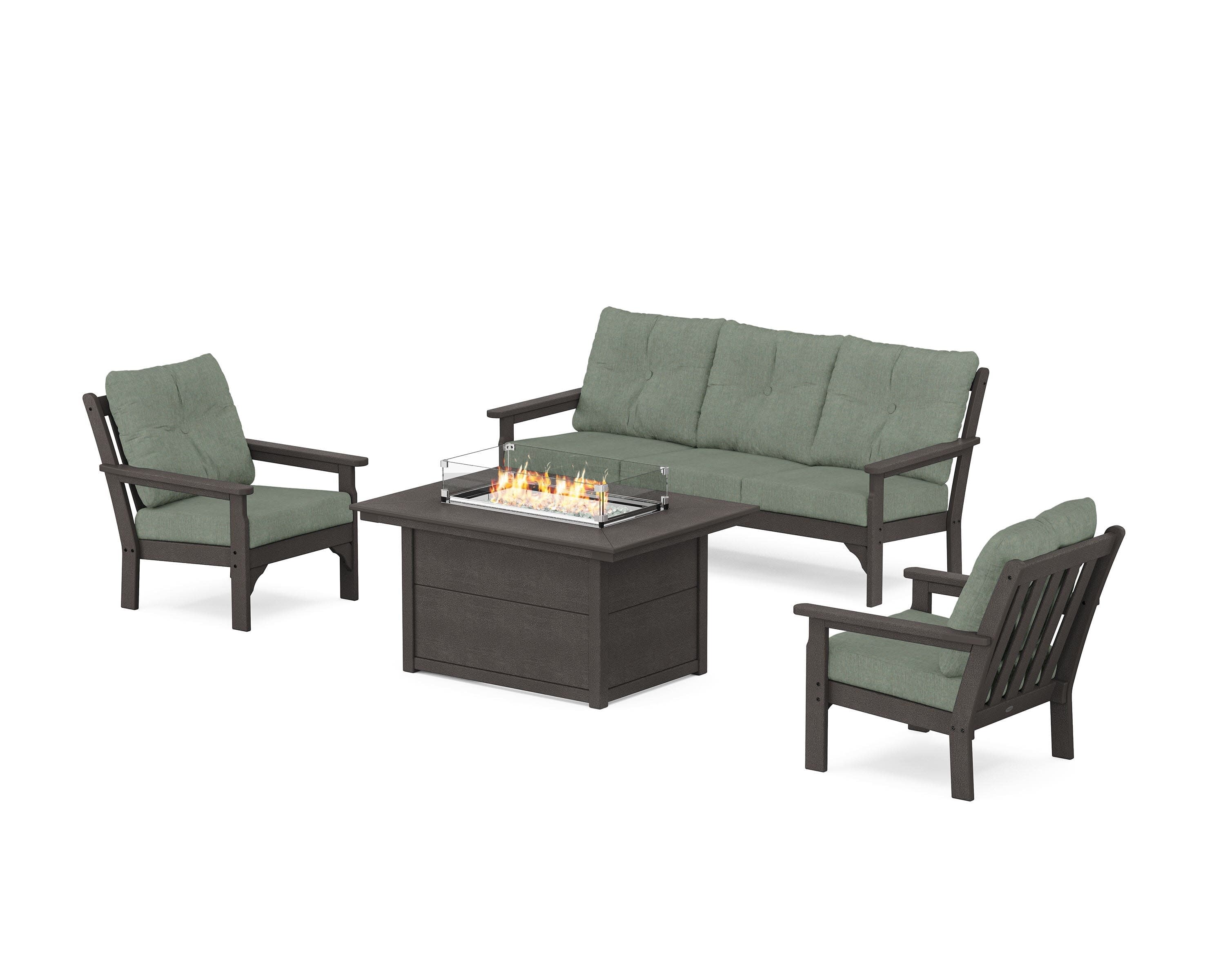Vineyard Deep Seating Fire Pit Table Set in Vintage Coffee / Cast Sage