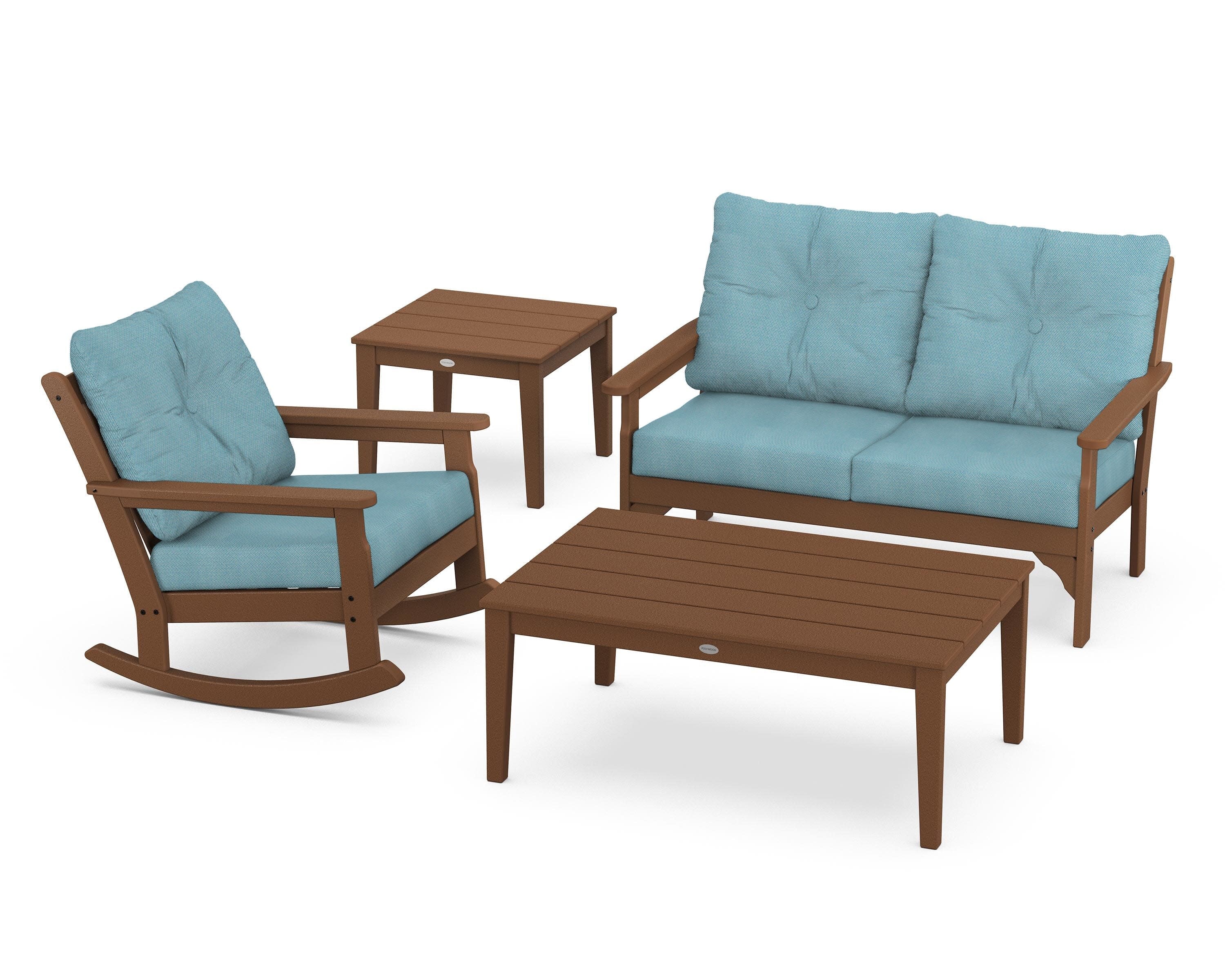 Vineyard 4-Piece Deep Seating Rocker Set in Teak / Lattice Sky Blue