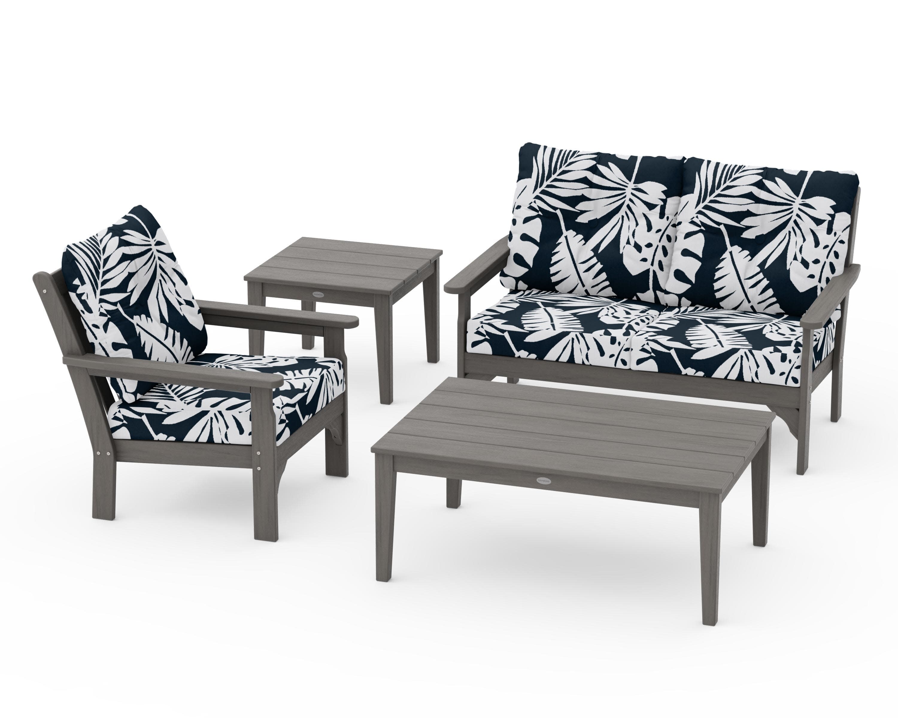 Vineyard 4-Piece Deep Seating Set in Driftwood / Leaf Marine Indigo