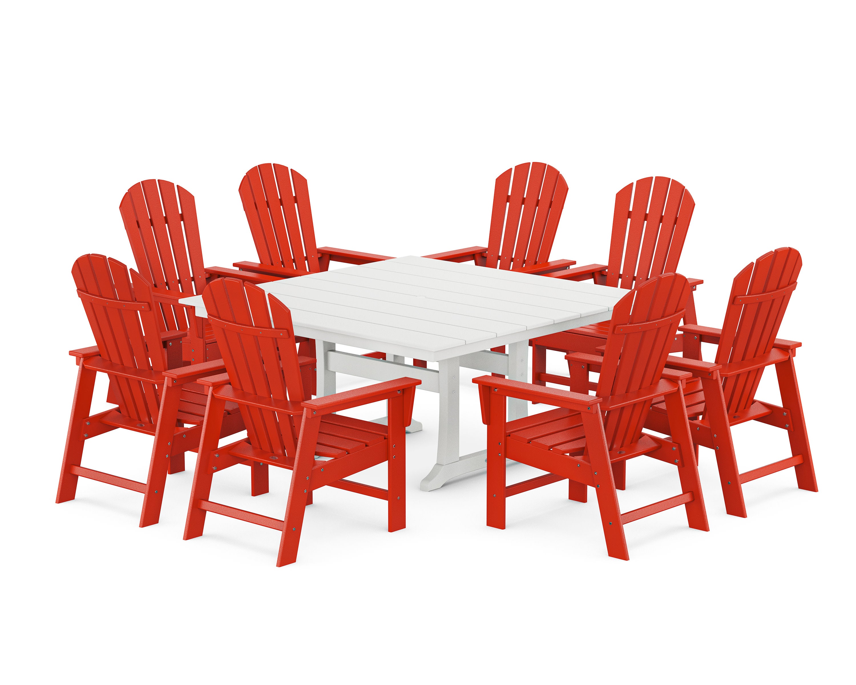 South Beach 9-Piece Square Farmhouse Dining Set with Trestle Legs in Sunset Red / White
