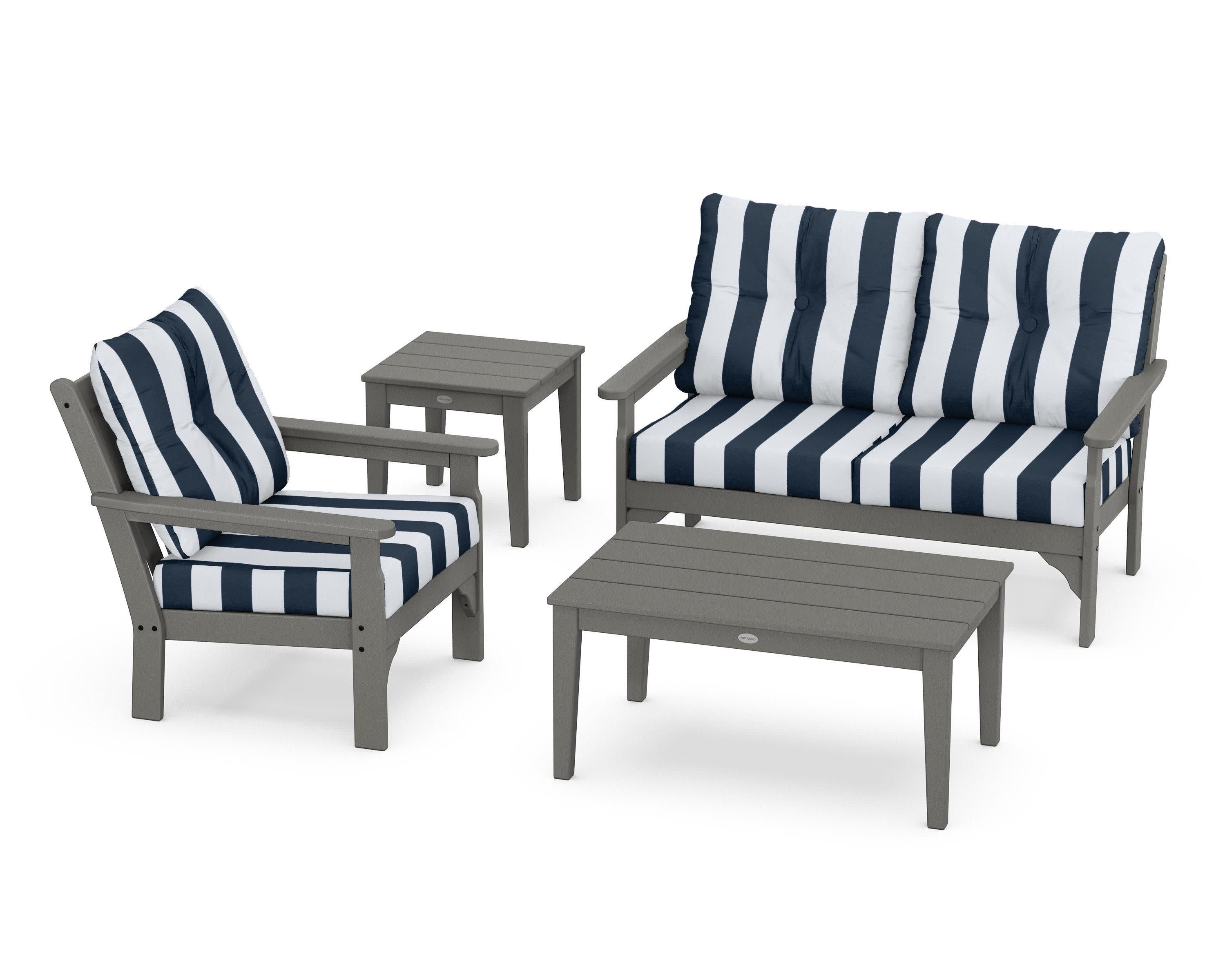 Vineyard 4-Piece Deep Seating Set in Slate Grey / Cabana Stripe Marine Indigo