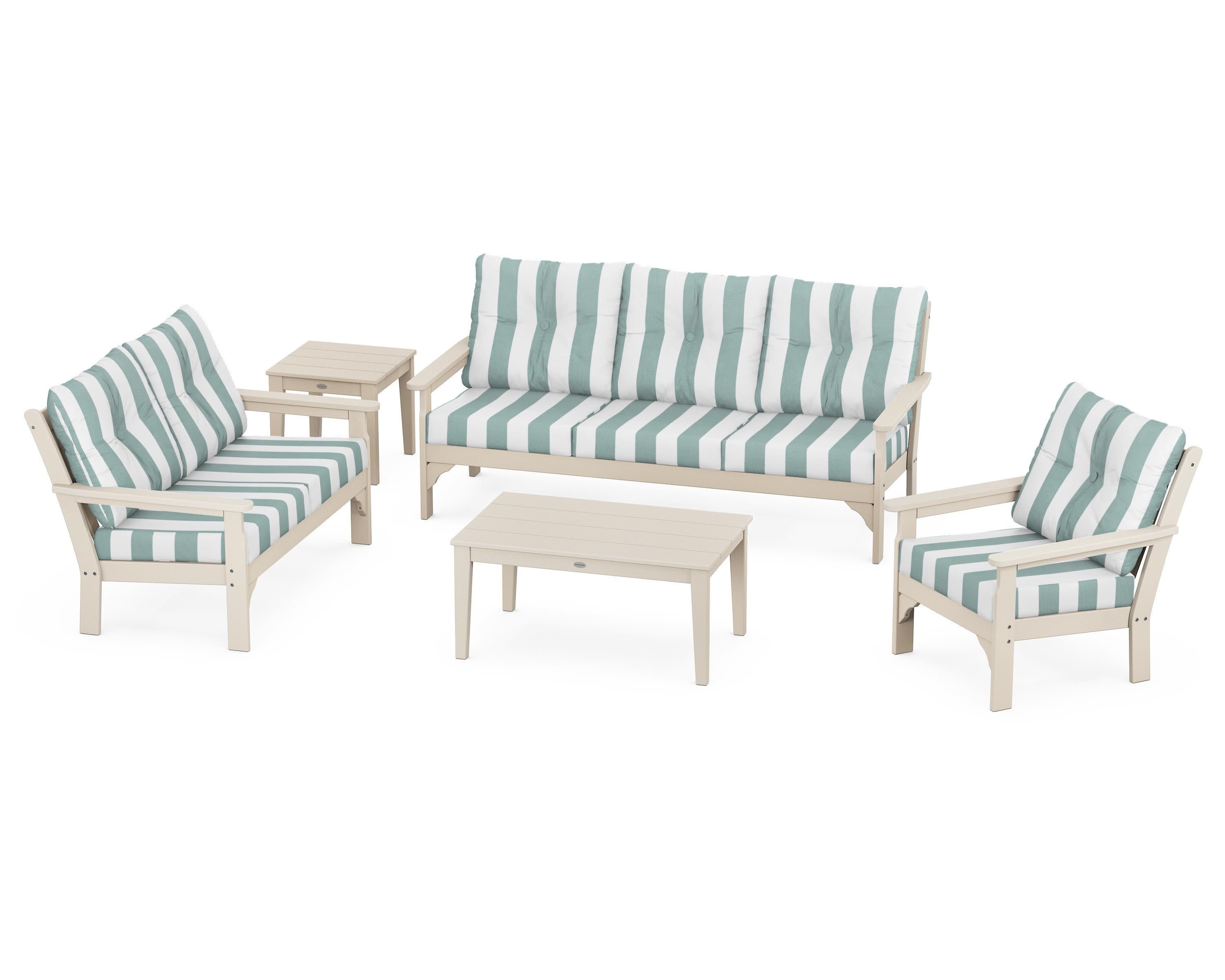 Vineyard 5 Piece Deep Seating Set in Sand / Cabana Stripe Glacier Spa