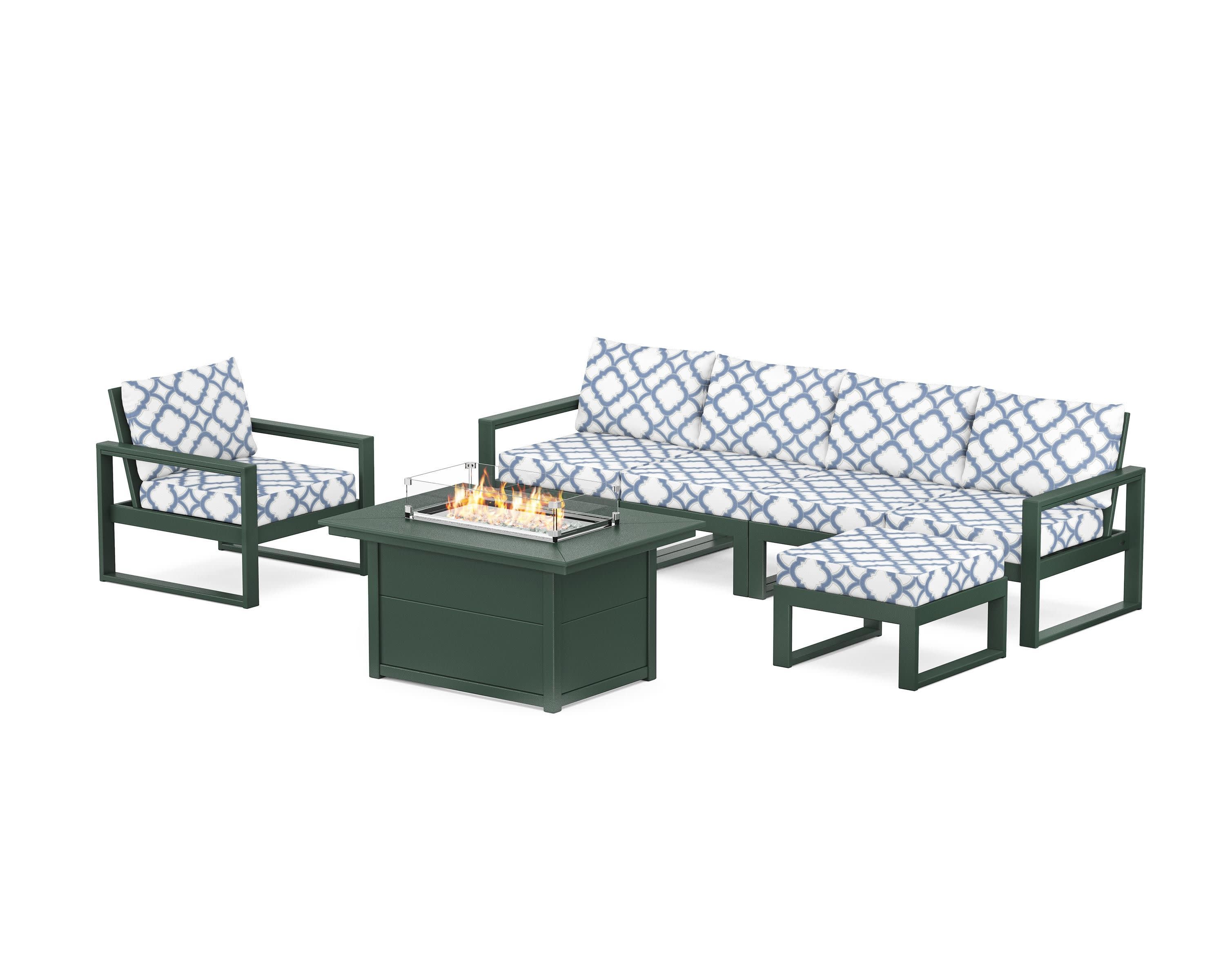 EDGE Sectional Lounge and Fire Pit Set in Green / Trellis Sky Blue