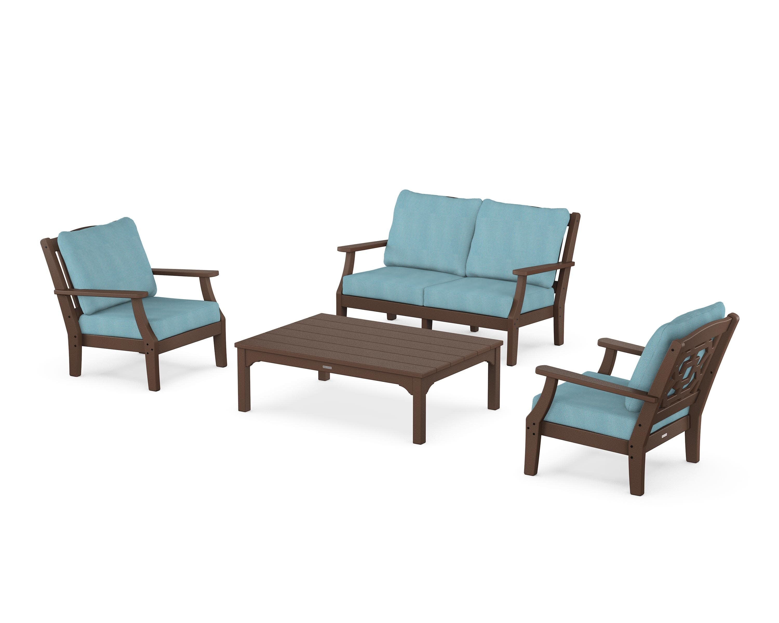 Chinoiserie 4-Piece Deep Seating Set with Loveseat in Mahogany / Lattice Sky Blue