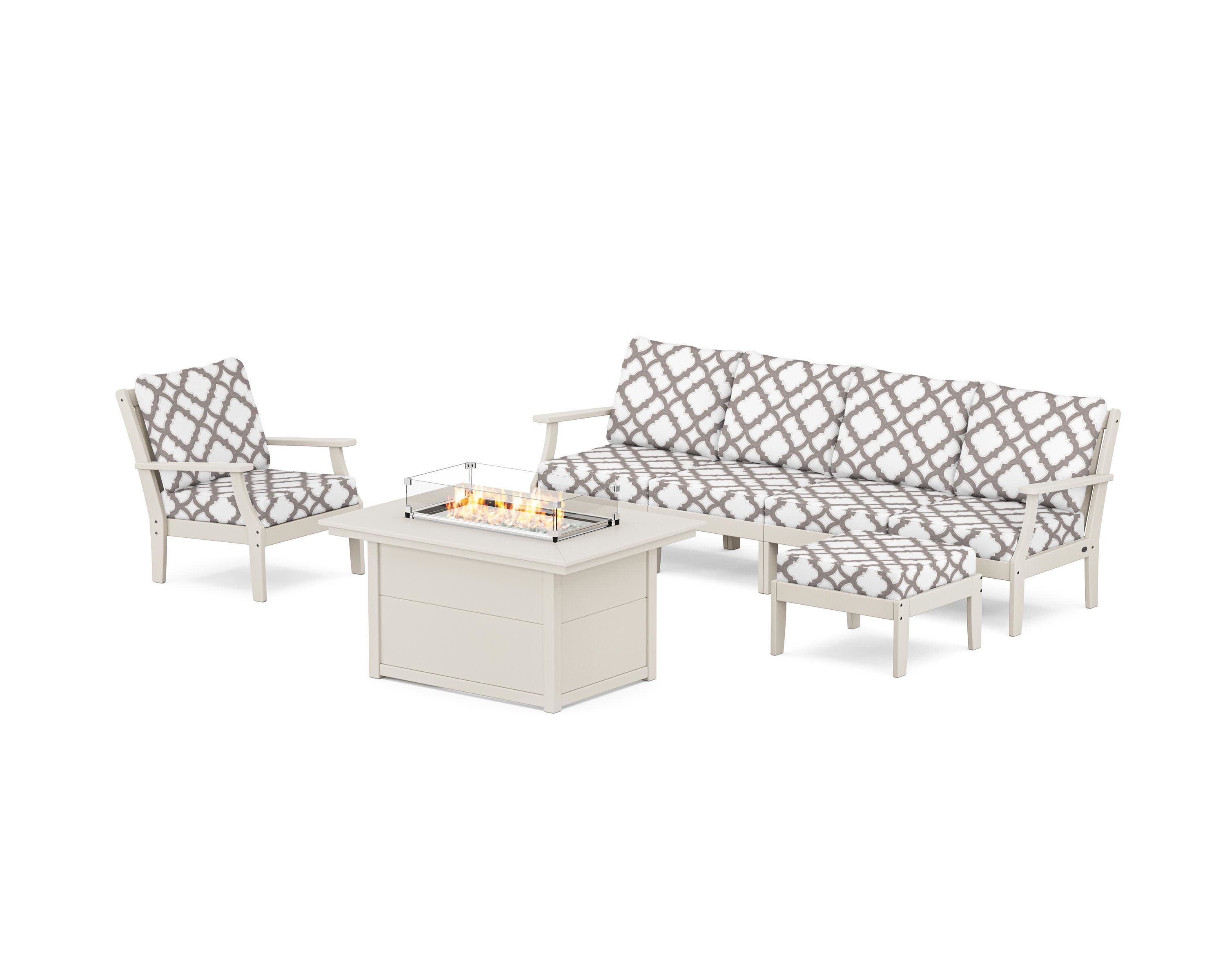 Braxton Sectional Lounge and Fire Pit Set in Sand / Trellis Grey Mist
