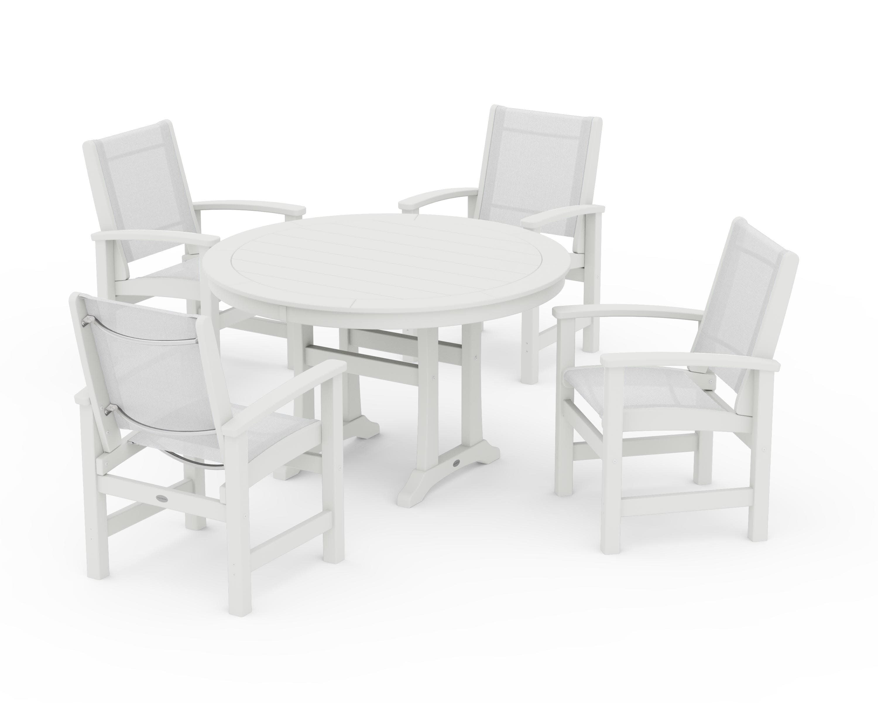 Coastal 5-Piece Round Dining Set with Trestle Legs in Vintage White / White Sling