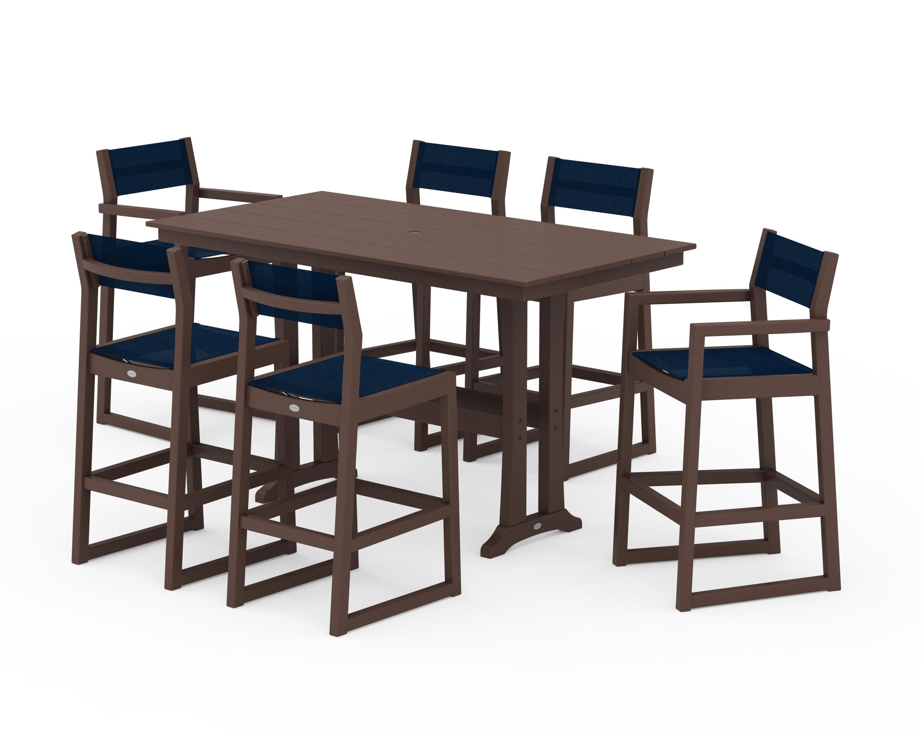 EDGE Sling 7-Piece Farmhouse Bar Set with Trestle Legs in Mahogany / Navy Blue Sling