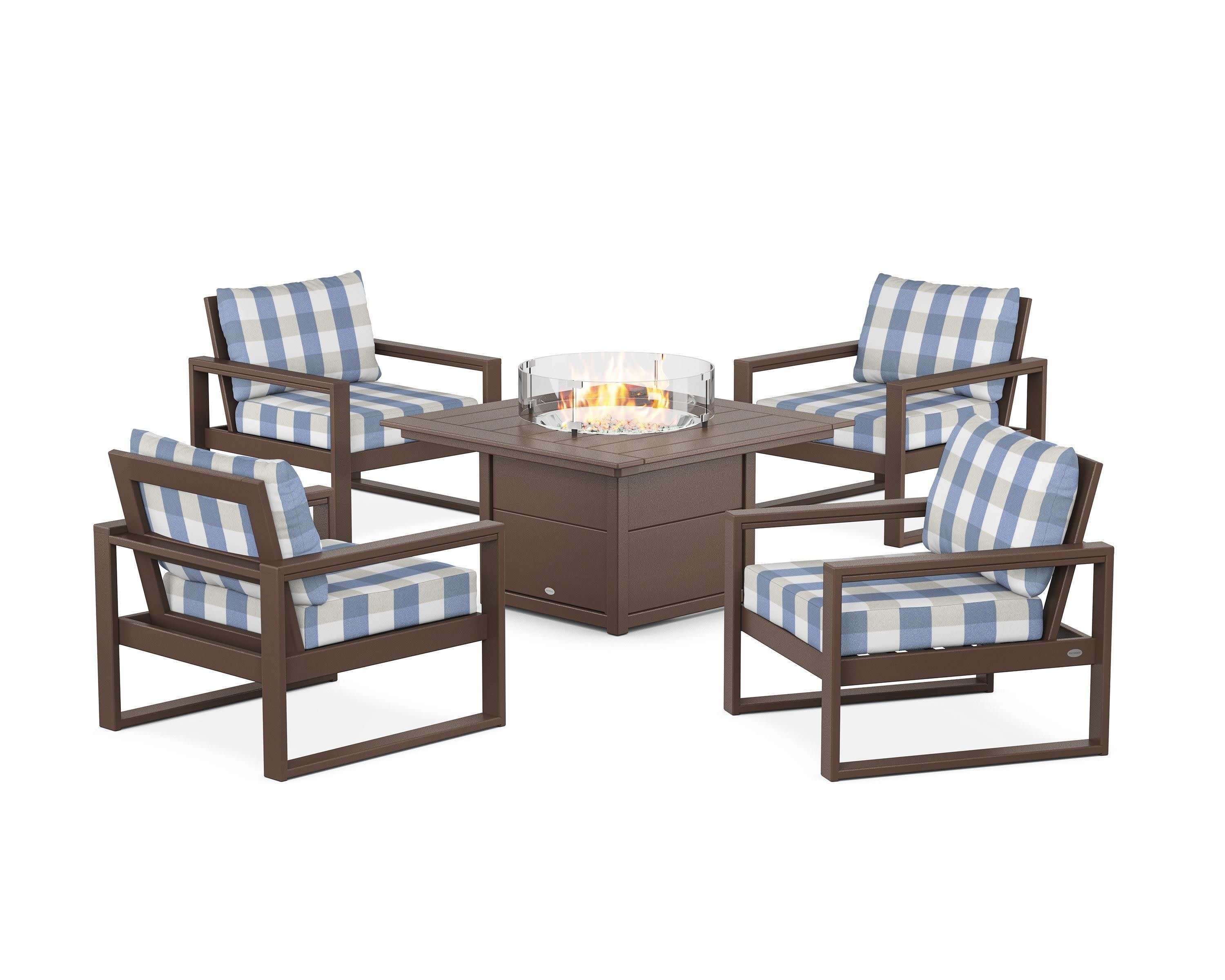 EDGE Sectional 5-Piece Deep Seating Set with Fire Pit Table in Mahogany / Buffalo Plaid Sky Blue