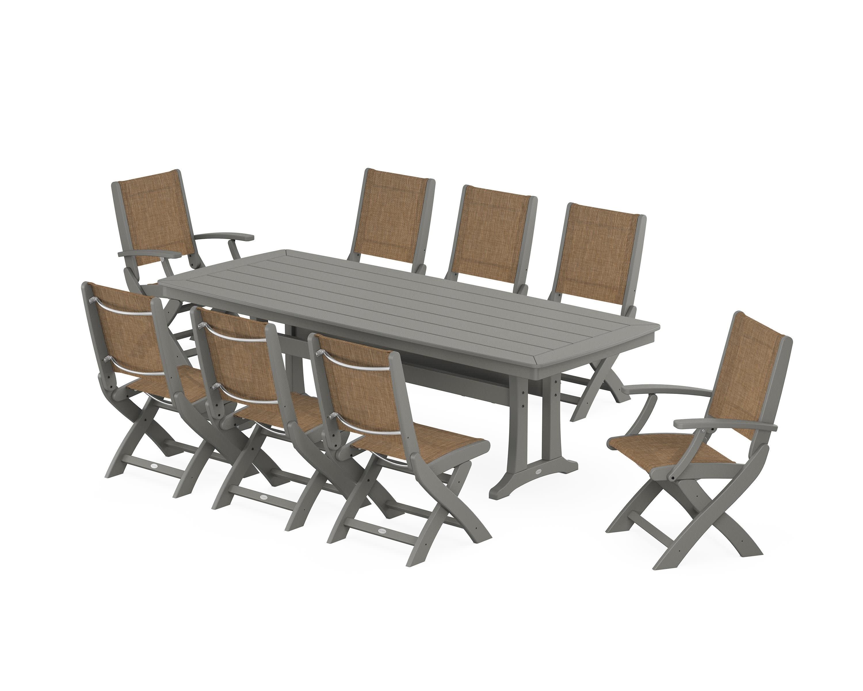 Coastal Folding 9-Piece Dining Set with Trestle Legs in Slate Grey / Burlap Sling