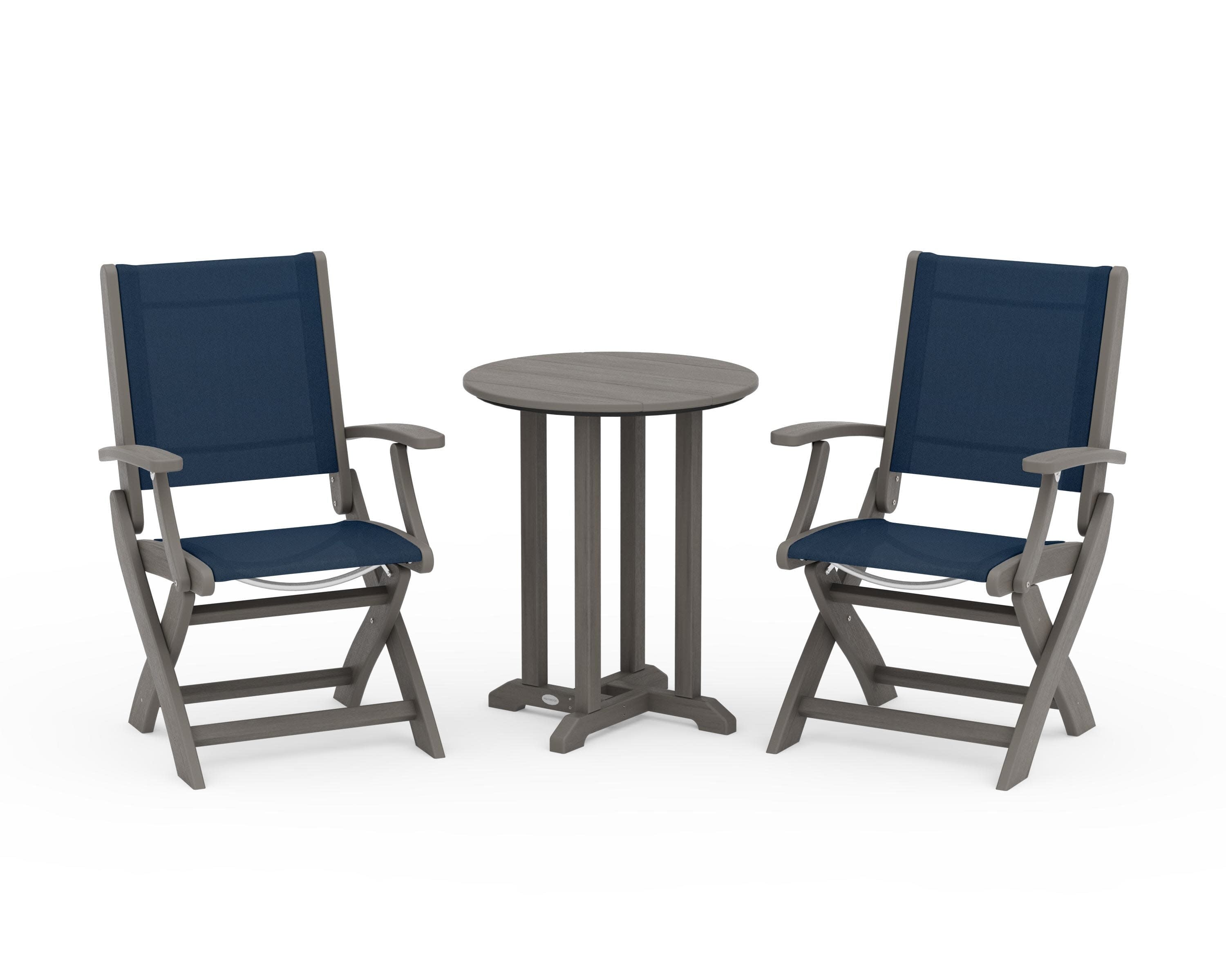 Coastal Folding 3-Piece Round Bistro Dining Set in Driftwood / Navy Blue Sling