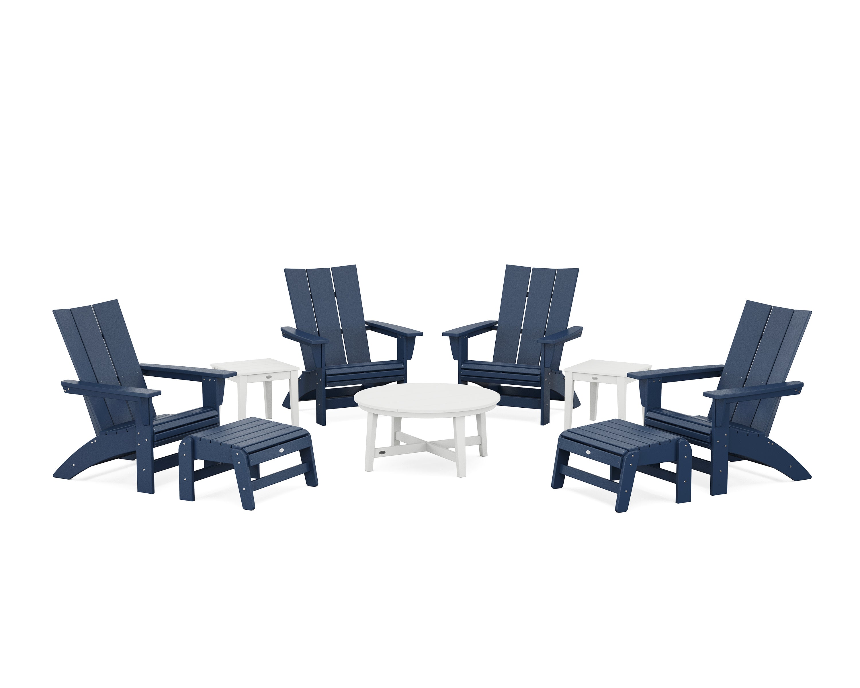 Modern Grand Adirondack 9-Piece Conversation Set in Navy / White