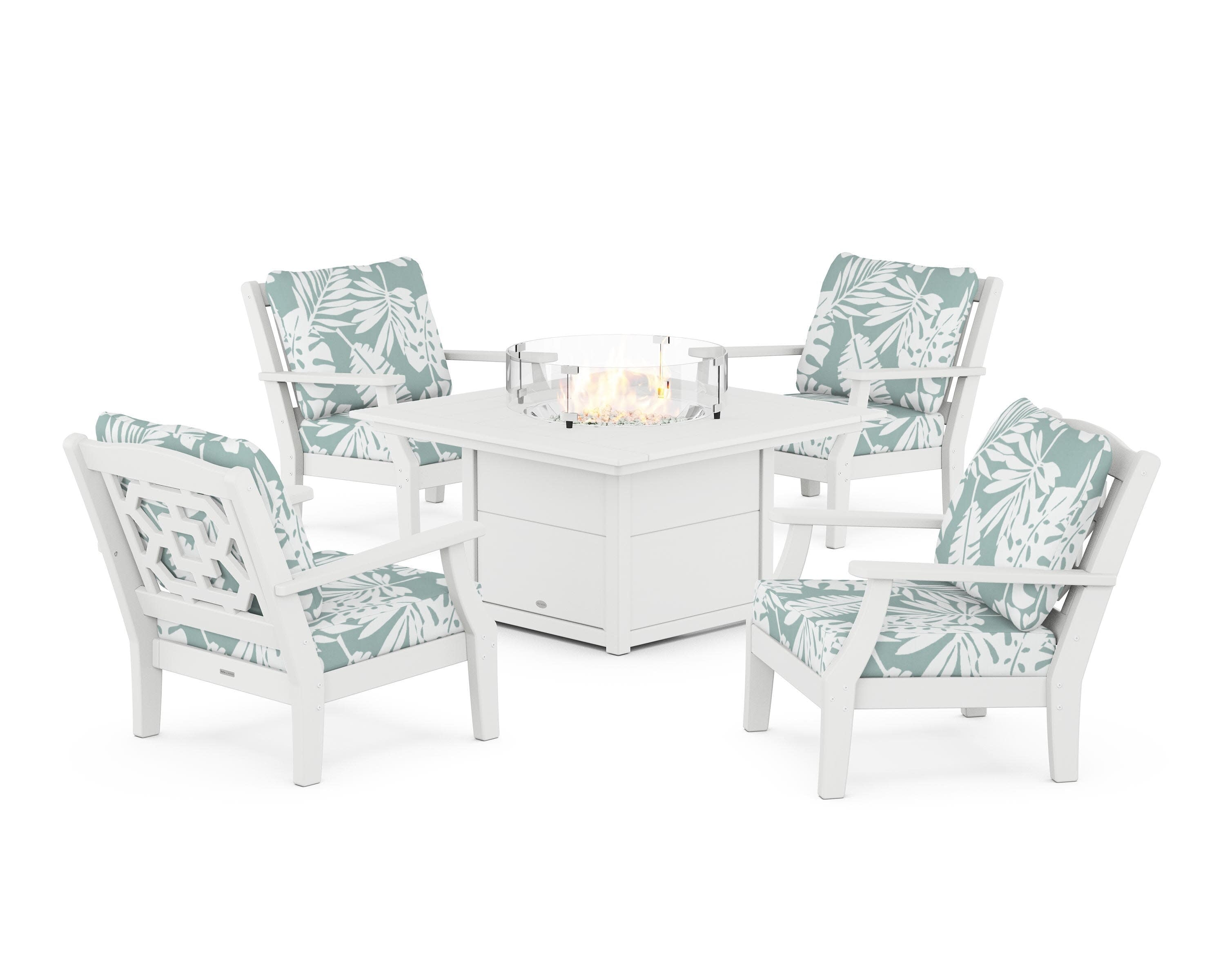 Chinoiserie 5-Piece Deep Seating Set with Fire Pit Table in White / Leaf Glacier Spa