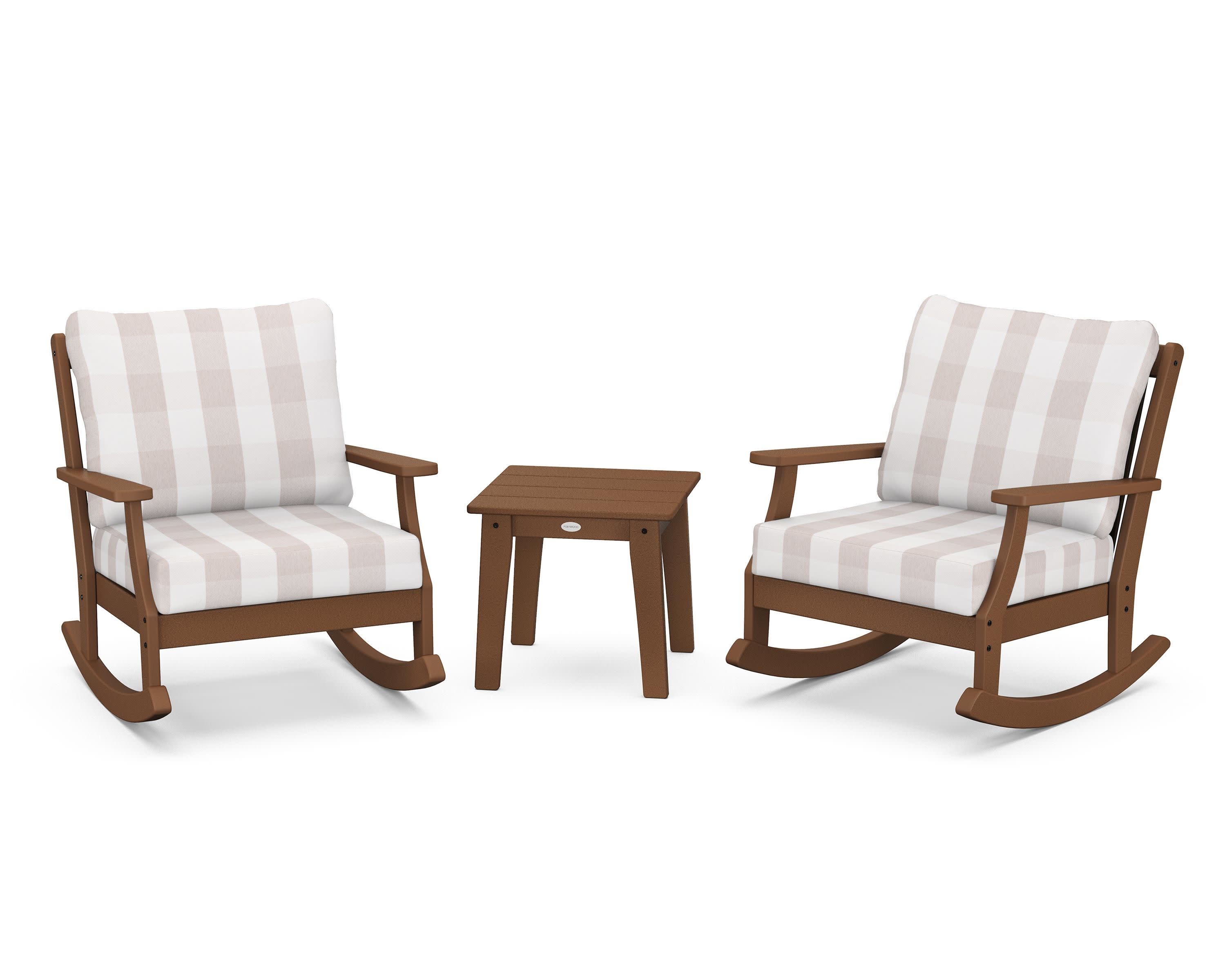 Braxton 3-Piece Deep Seating Rocker Set in Teak / Buffalo Plaid Dune Burlap