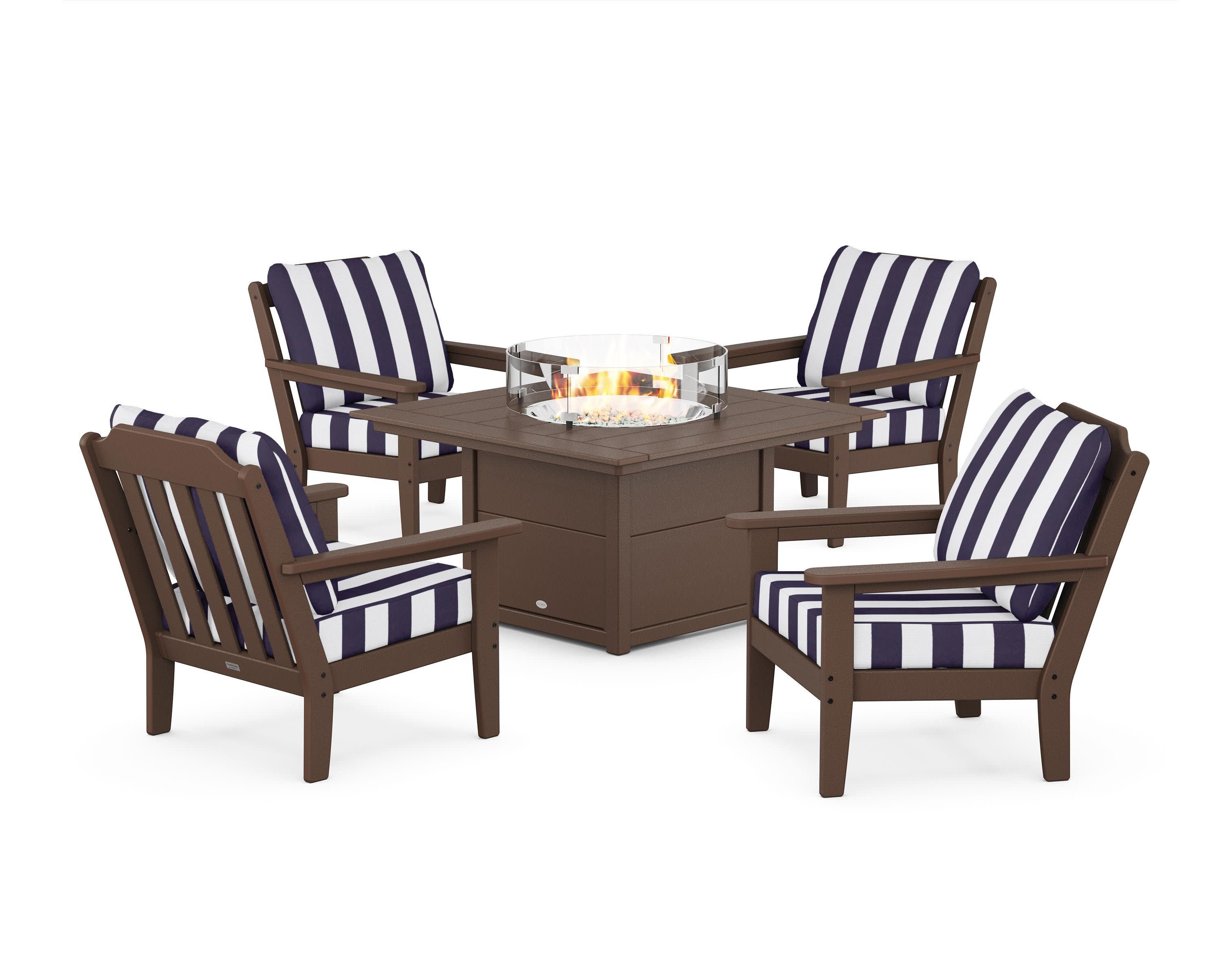 Cottage 5-Piece Deep Seating Set with Fire Pit Table in Mahogany / Cabana Stripe Navy